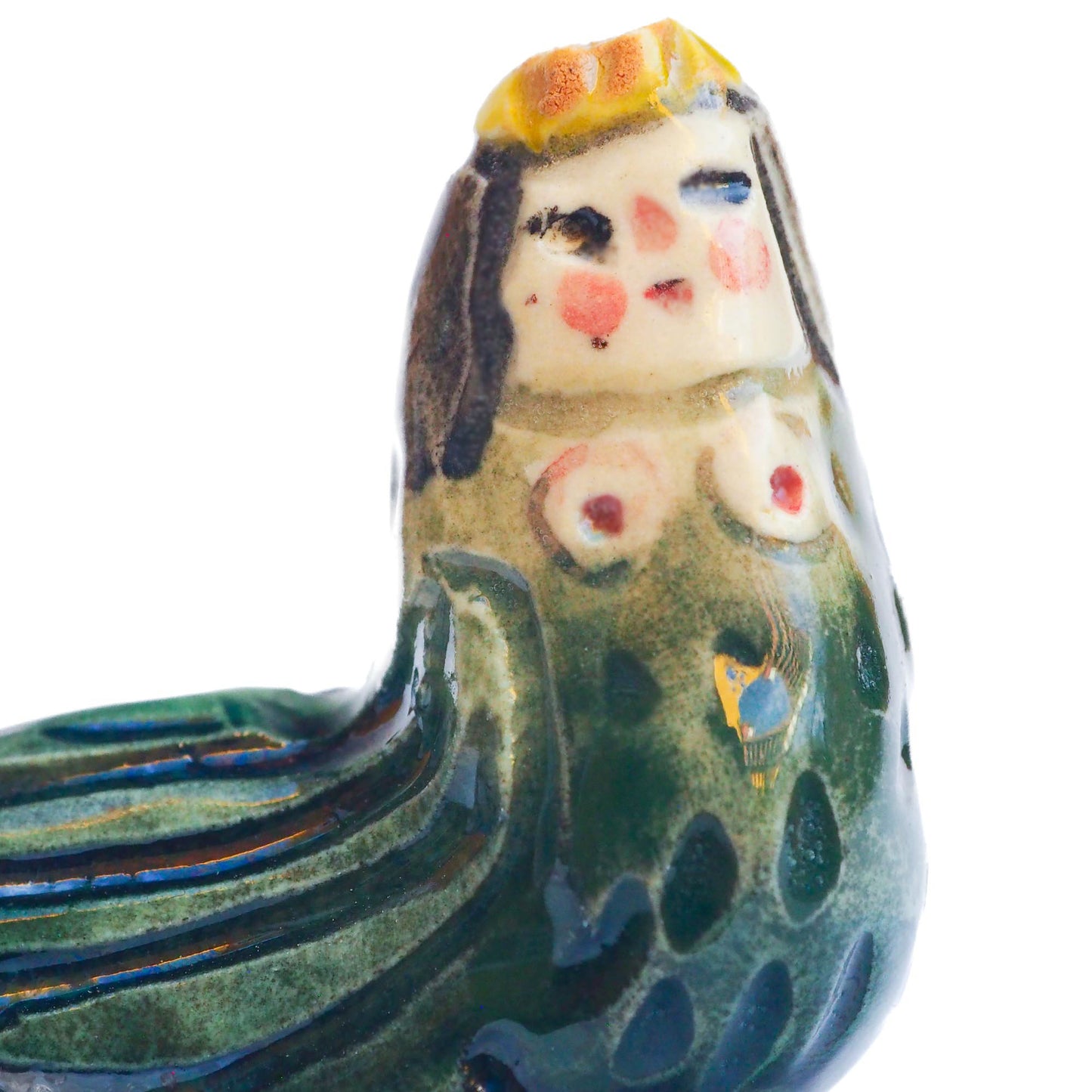 Handmade ceramic mermaid totem amulet figurine hand painted by Idania Salcido, the artist behind Danita art. Ceramic simulates carved wood with colorful glazes.