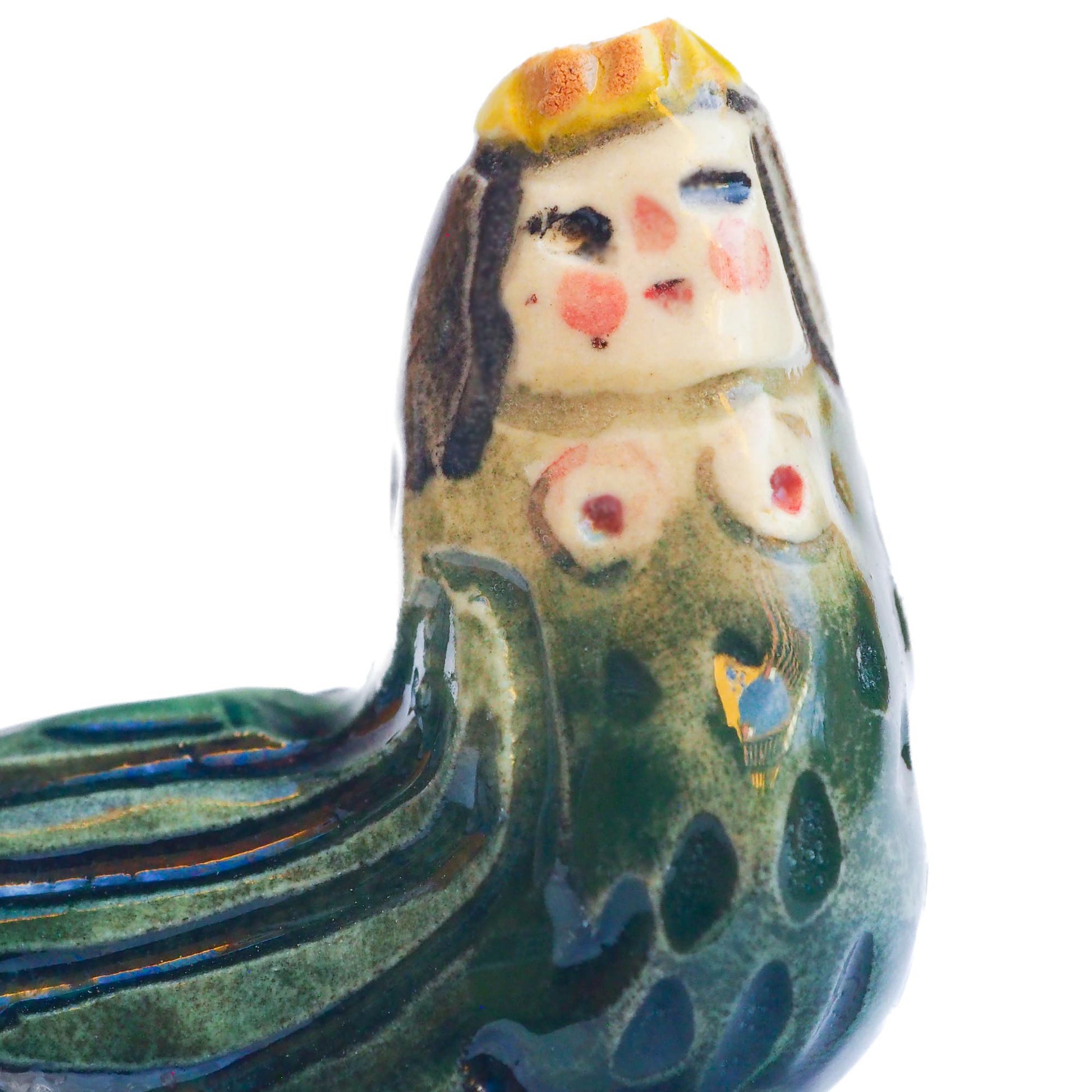 Handmade ceramic mermaid totem amulet figurine hand painted by Idania Salcido, the artist behind Danita art. Ceramic simulates carved wood with colorful glazes.