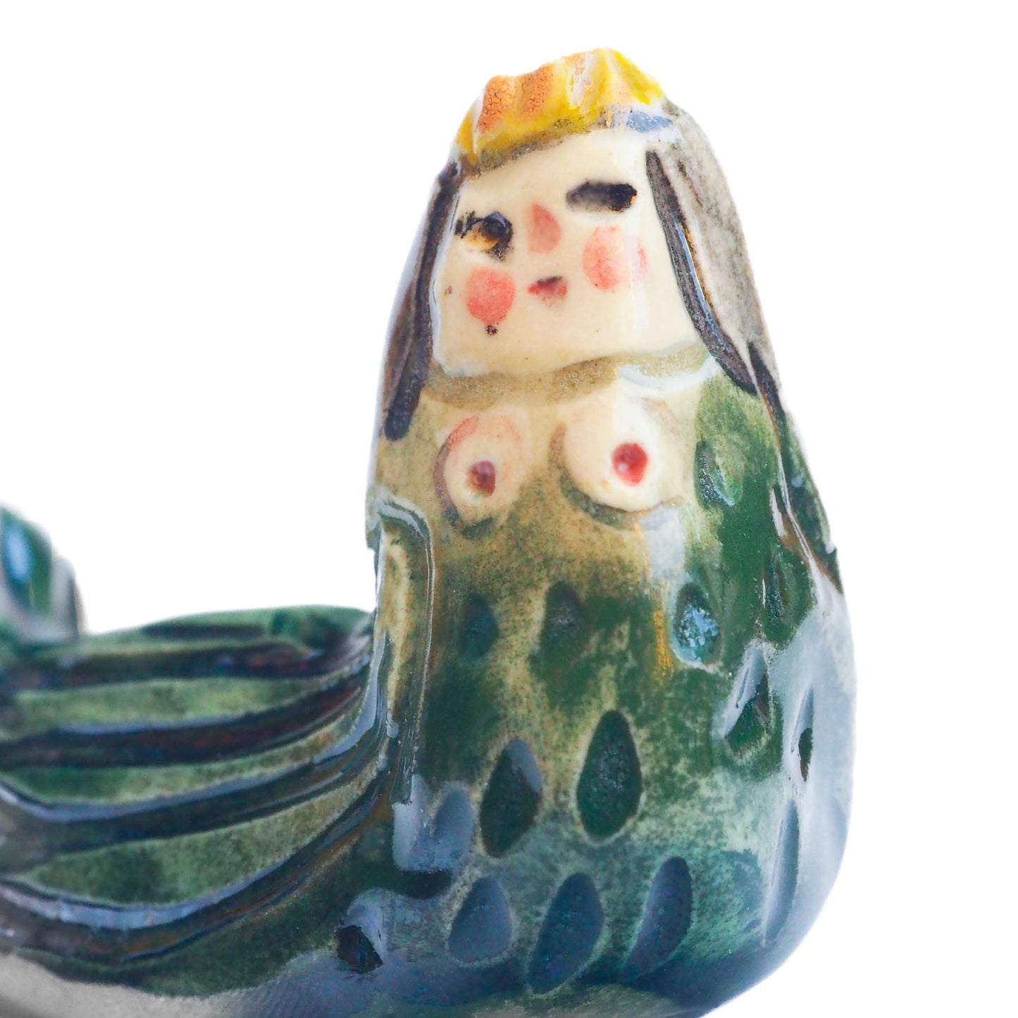 Handmade ceramic mermaid totem amulet figurine hand painted by Idania Salcido, the artist behind Danita art. Ceramic simulates carved wood with colorful glazes.