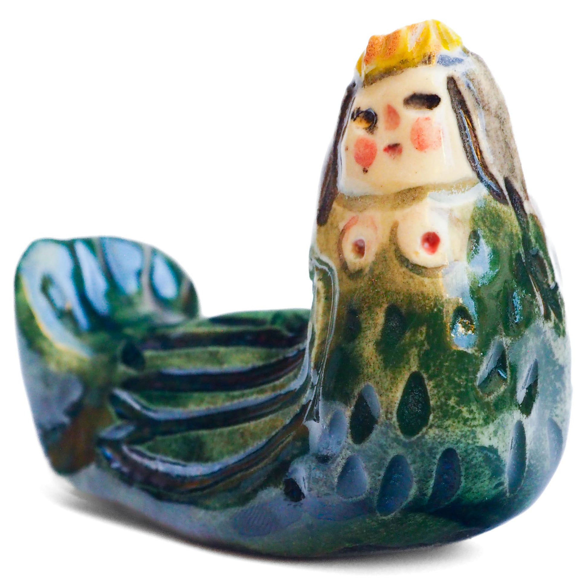 Handmade ceramic mermaid totem amulet figurine hand painted by Idania Salcido, the artist behind Danita art. Ceramic simulates carved wood with colorful glazes.