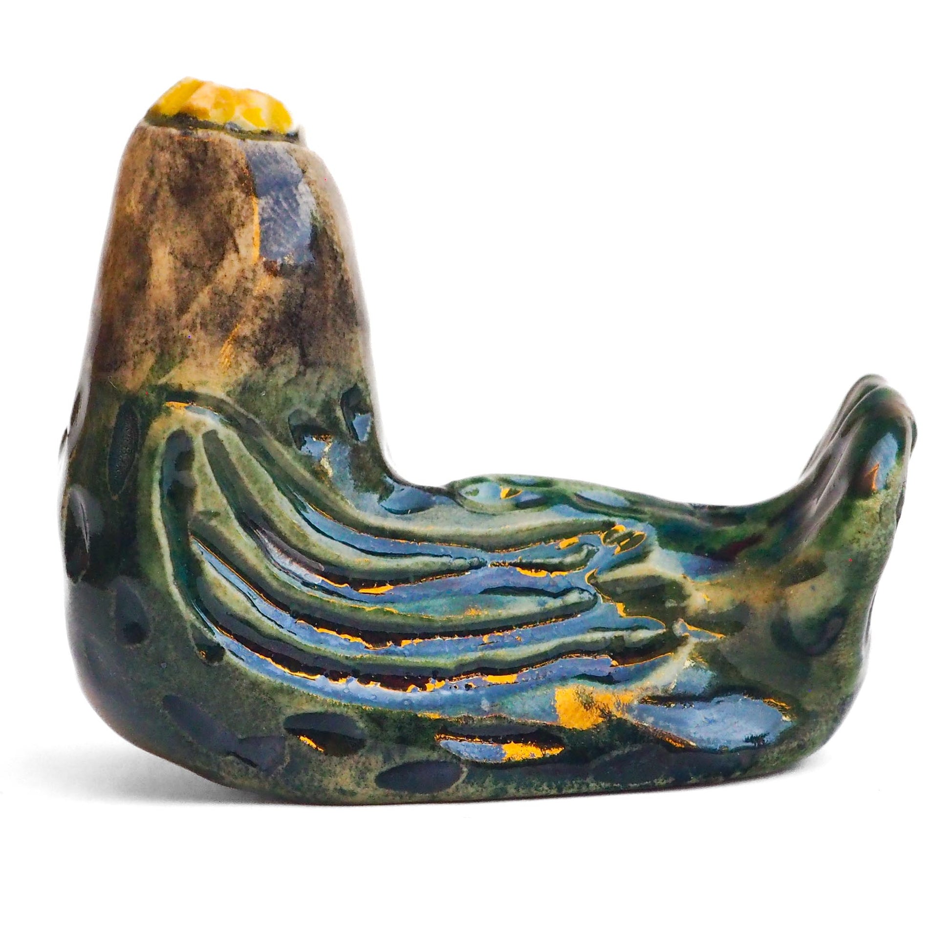Handmade ceramic mermaid totem amulet figurine hand painted by Idania Salcido, the artist behind Danita art. Ceramic simulates carved wood with colorful glazes.