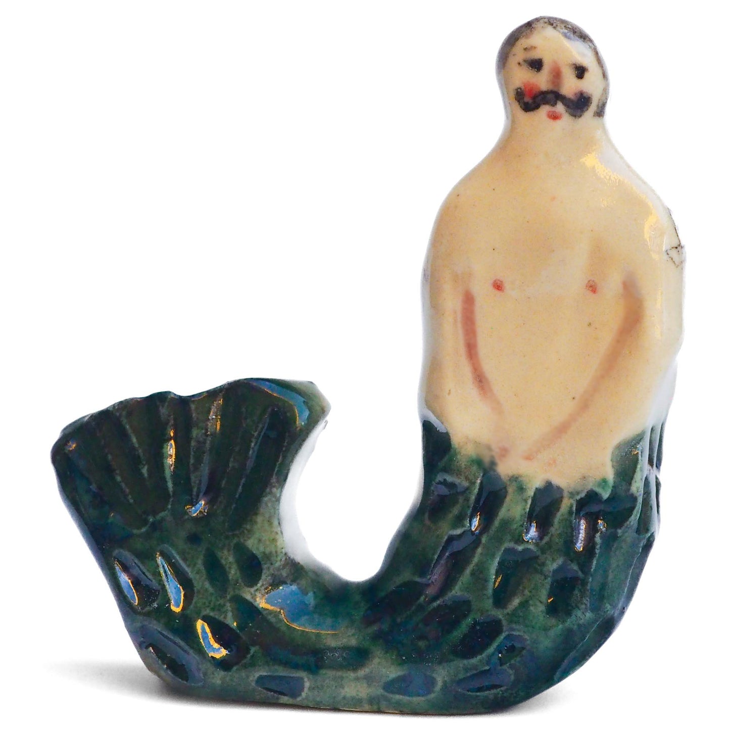 Handmade ceramic mermaid totem amulet figurine hand painted by Idania Salcido, the artist behind Danita art. Ceramic simulates carved wood with colorful glazes.