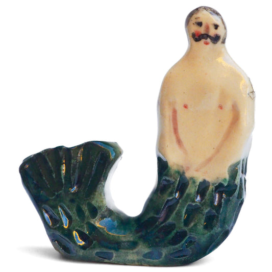 Handmade ceramic mermaid totem amulet figurine hand painted by Idania Salcido, the artist behind Danita art. Ceramic simulates carved wood with colorful glazes.