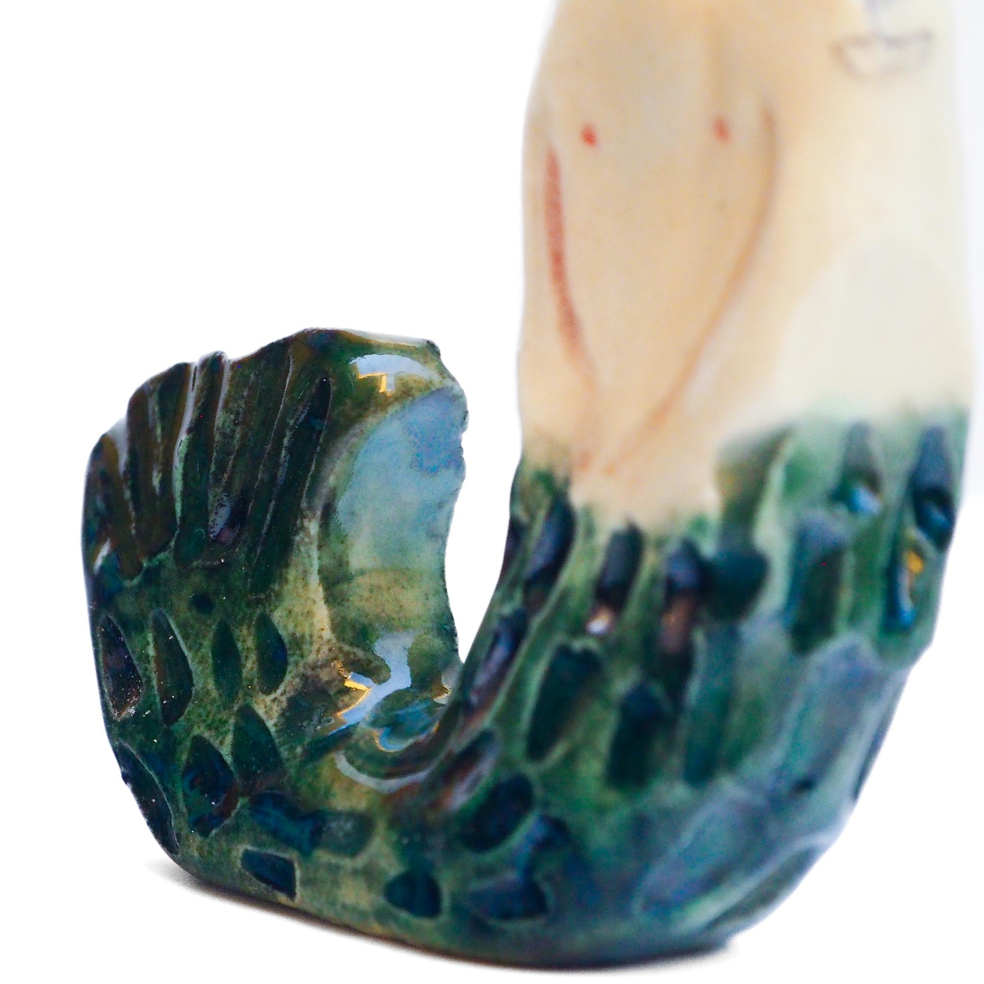 Handmade ceramic mermaid totem amulet figurine hand painted by Idania Salcido, the artist behind Danita art. Ceramic simulates carved wood with colorful glazes.