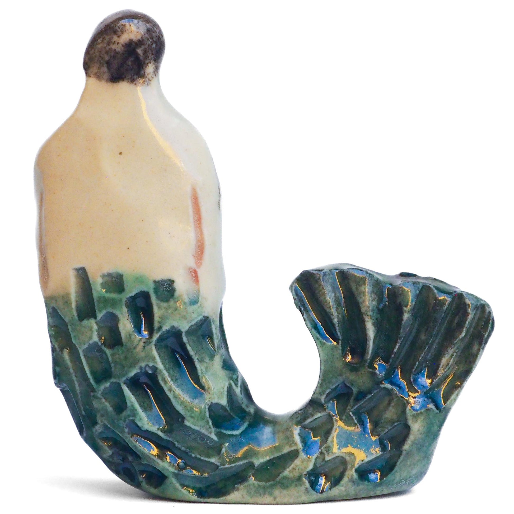Handmade ceramic mermaid totem amulet figurine hand painted by Idania Salcido, the artist behind Danita art. Ceramic simulates carved wood with colorful glazes.