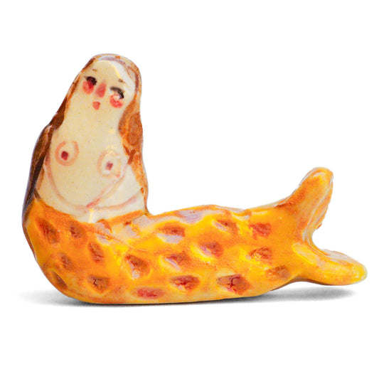 Handmade ceramic mermaid totem amulet figurine hand painted by Idania Salcido, the artist behind Danita art. Ceramic simulates carved wood with colorful glazes.