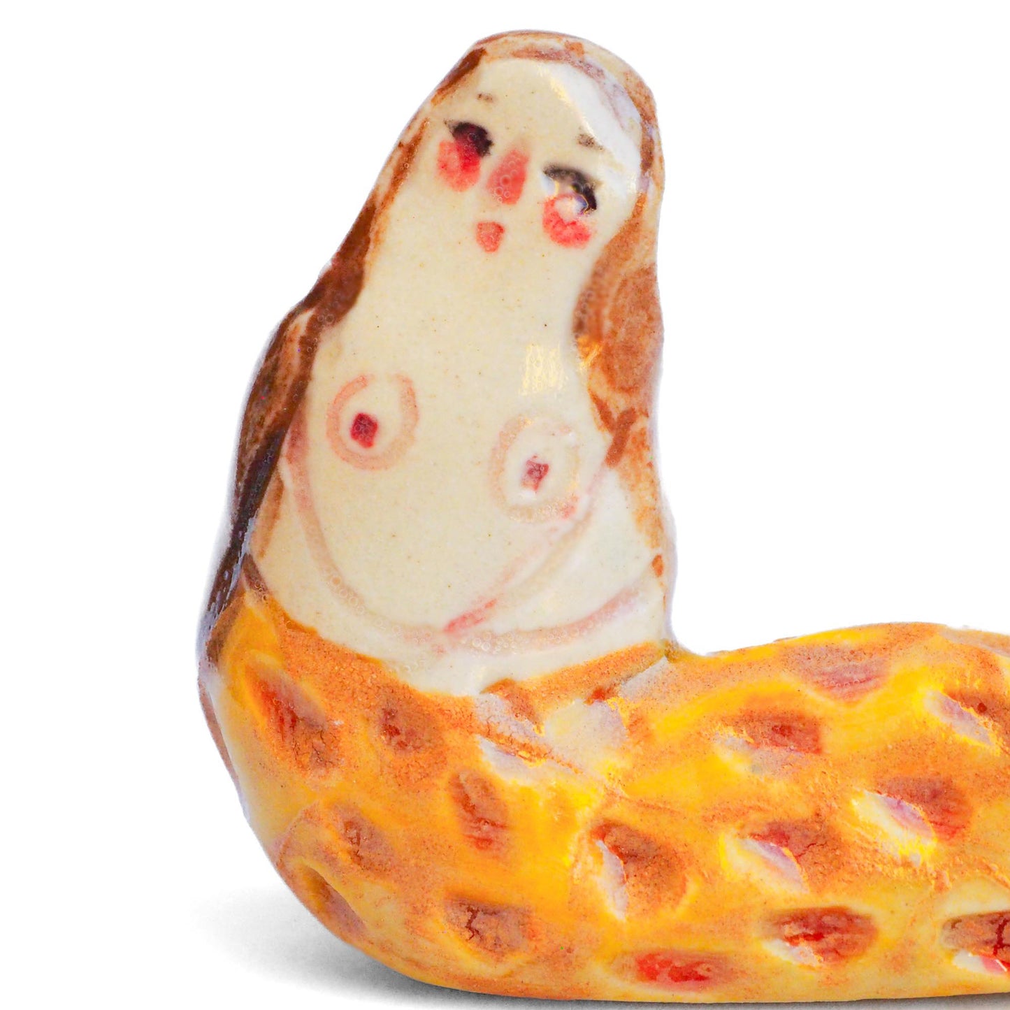 Handmade ceramic mermaid totem amulet figurine hand painted by Idania Salcido, the artist behind Danita art. Ceramic simulates carved wood with colorful glazes.