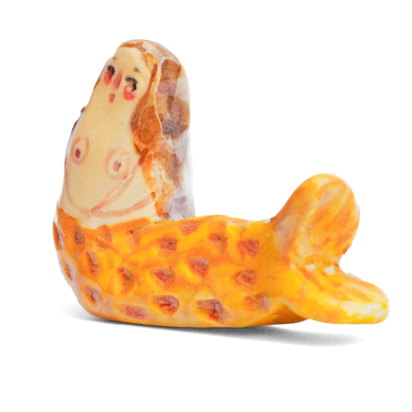 Handmade ceramic mermaid totem amulet figurine hand painted by Idania Salcido, the artist behind Danita art. Ceramic simulates carved wood with colorful glazes.