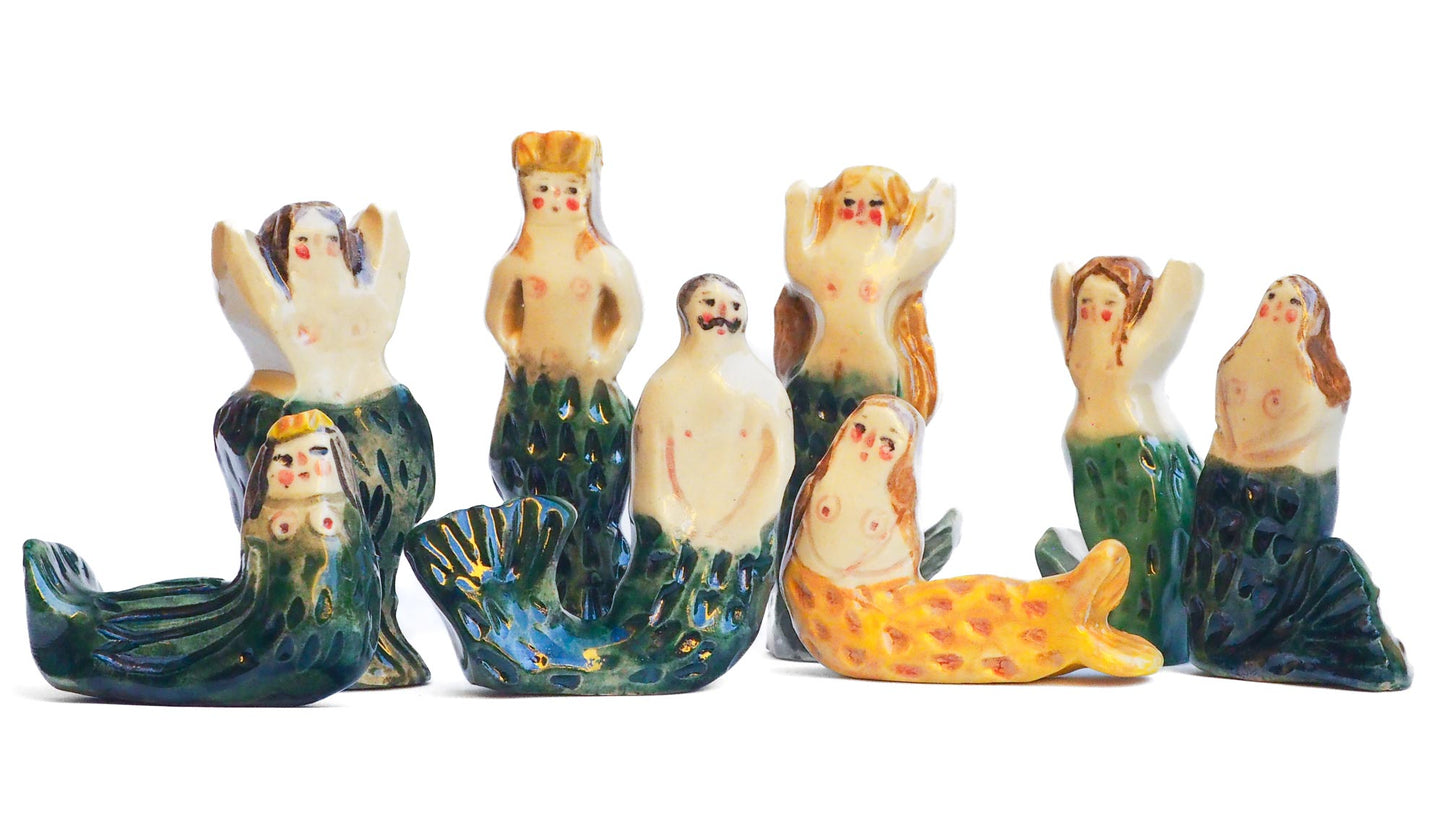 Handmade ceramic mermaid totem amulet figurine hand painted by Idania Salcido, the artist behind Danita art. Ceramic simulates carved wood with colorful glazes.
