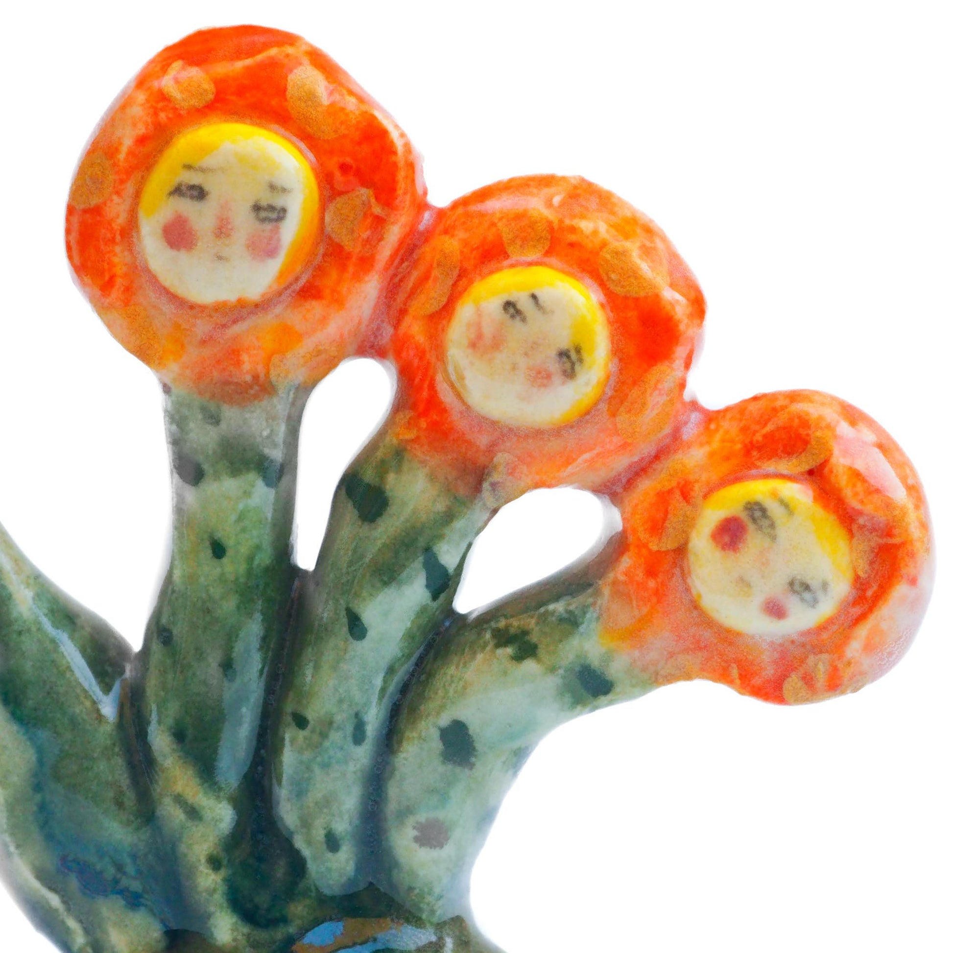 Handmade ceramic flower totem amulet figurine hand painted by Idania Salcido, the artist behind Danita art. Ceramic simulates carved wood with colorful glazes.