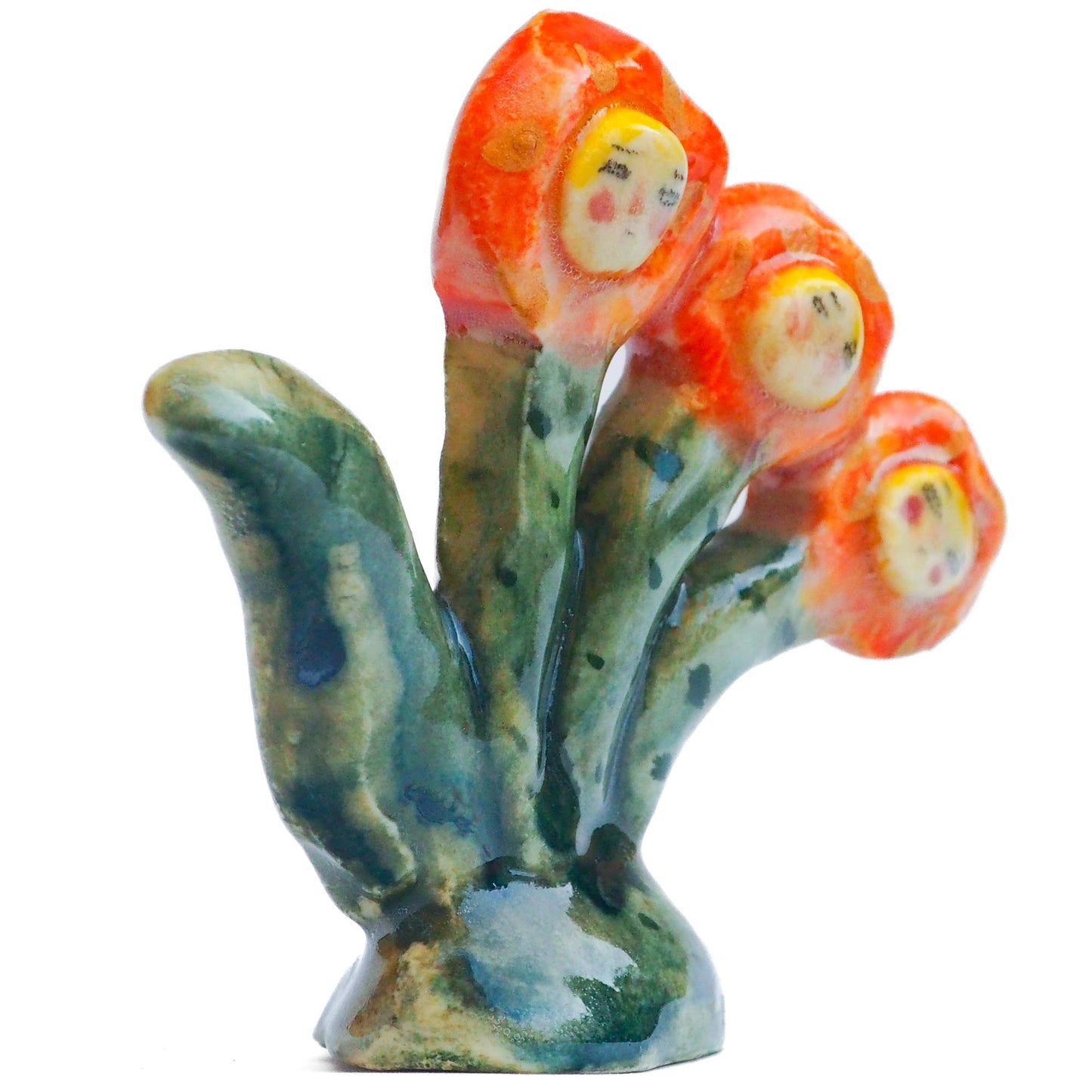 Handmade ceramic flower totem amulet figurine hand painted by Idania Salcido, the artist behind Danita art. Ceramic simulates carved wood with colorful glazes.