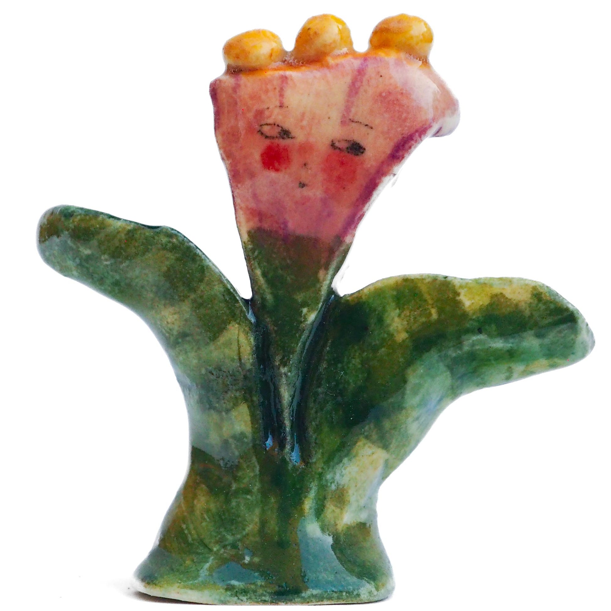 Handmade ceramic flower totem amulet figurine hand painted by Idania Salcido, the artist behind Danita art. Ceramic simulates carved wood with colorful glazes.