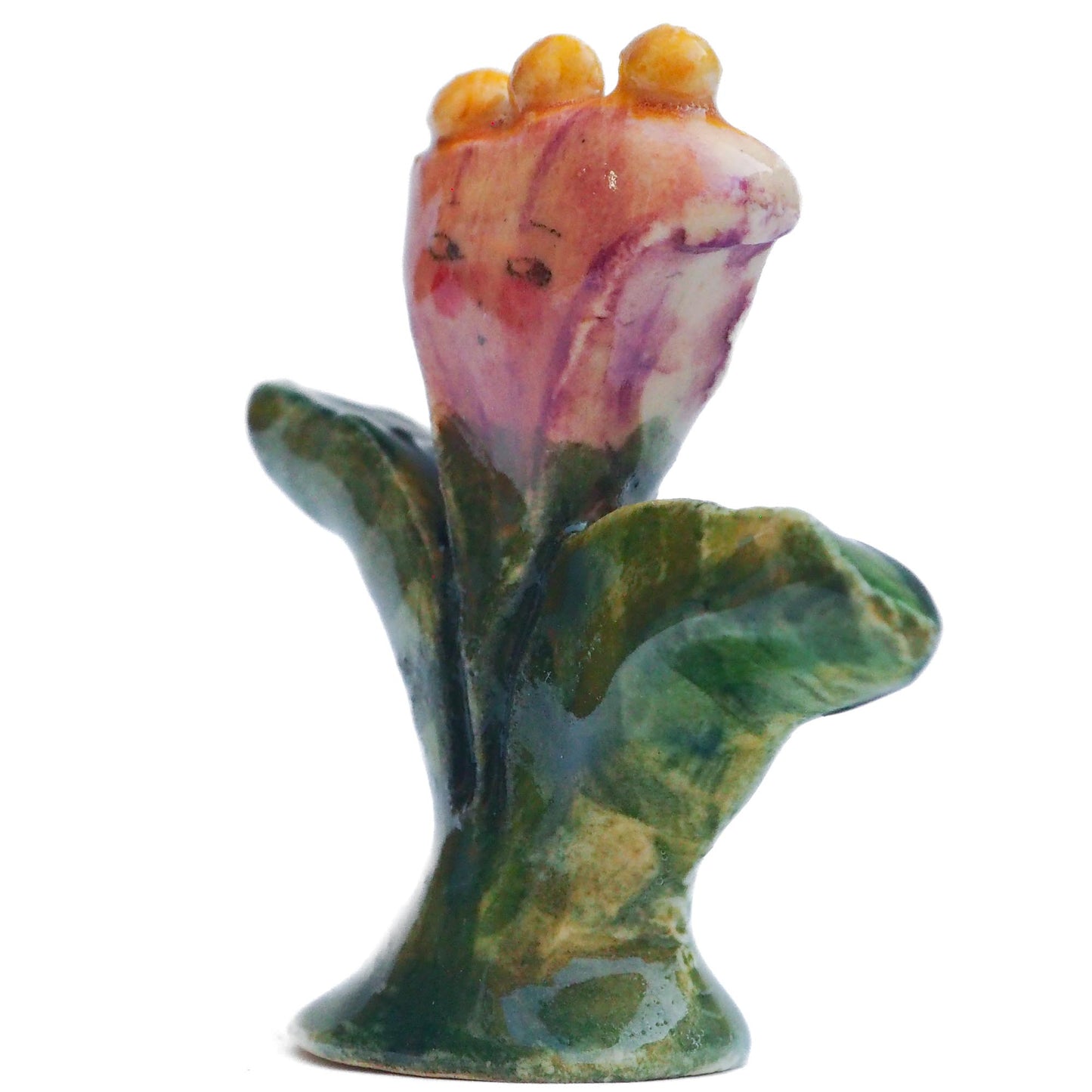 Handmade ceramic flower totem amulet figurine hand painted by Idania Salcido, the artist behind Danita art. Ceramic simulates carved wood with colorful glazes.