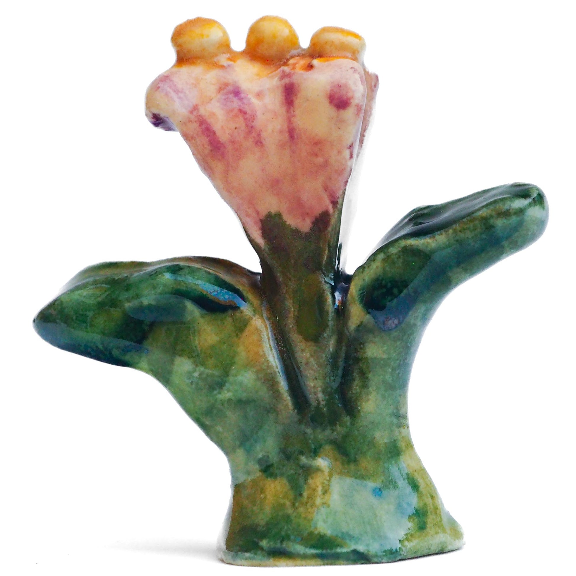 Handmade ceramic flower totem amulet figurine hand painted by Idania Salcido, the artist behind Danita art. Ceramic simulates carved wood with colorful glazes.