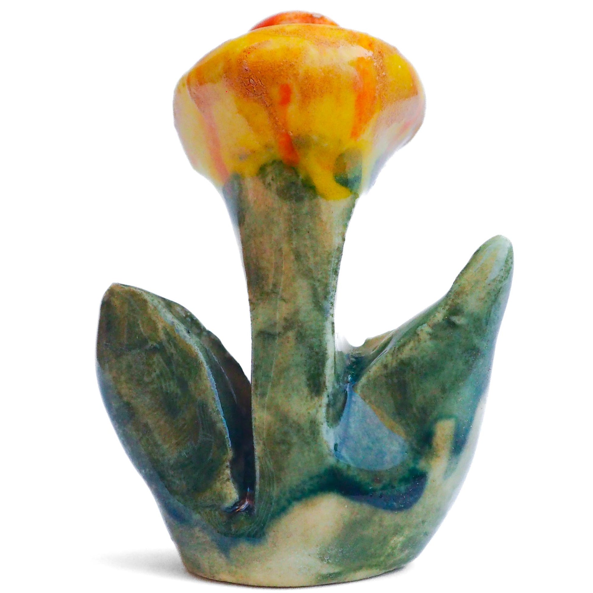 Handmade ceramic flower totem amulet figurine hand painted by Idania Salcido, the artist behind Danita art. Ceramic simulates carved wood with colorful glazes.