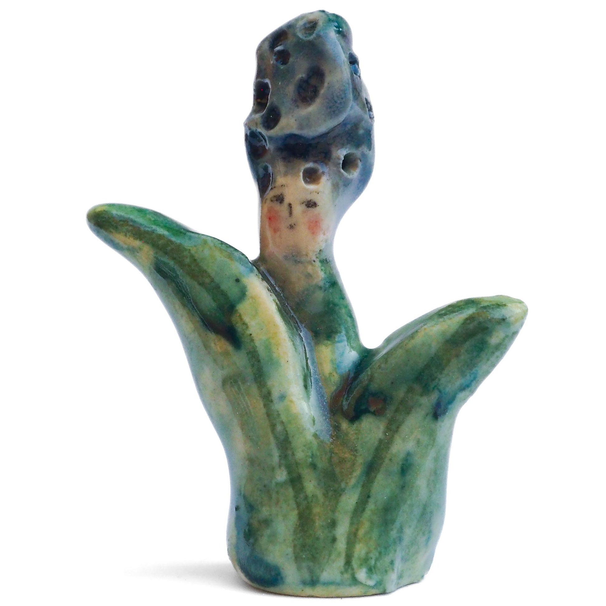 Handmade ceramic flower totem amulet figurine hand painted by Idania Salcido, the artist behind Danita art. Ceramic simulates carved wood with colorful glazes.
