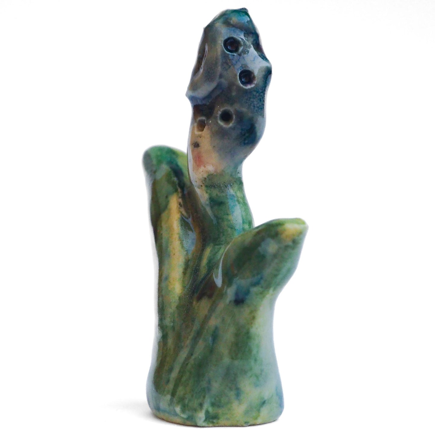 Handmade ceramic flower totem amulet figurine hand painted by Idania Salcido, the artist behind Danita art. Ceramic simulates carved wood with colorful glazes.
