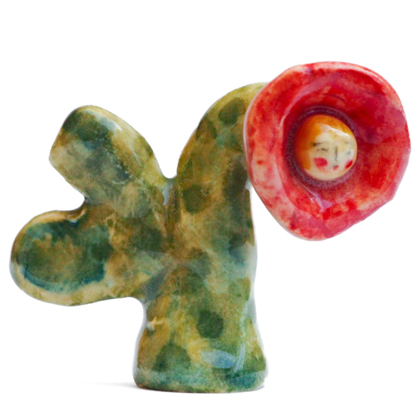 Handmade ceramic flower totem amulet figurine hand painted by Idania Salcido, the artist behind Danita art. Ceramic simulates carved wood with colorful glazes.
