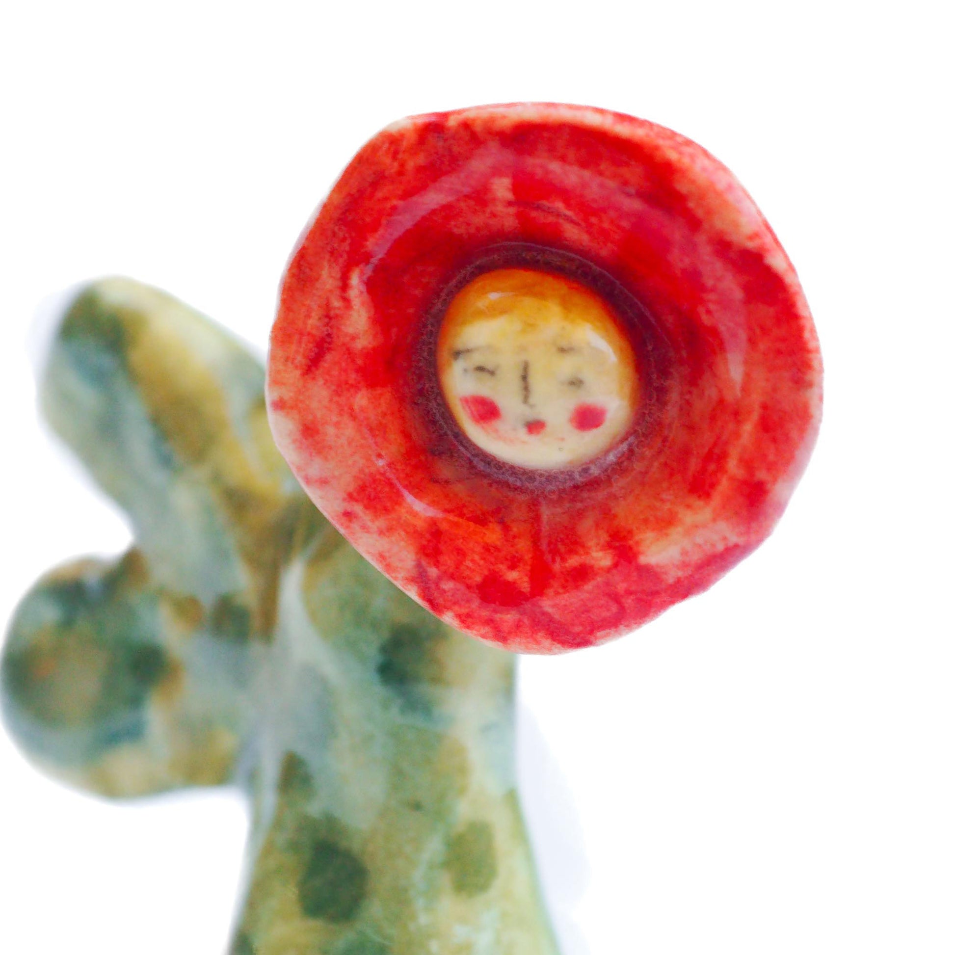 Handmade ceramic flower totem amulet figurine hand painted by Idania Salcido, the artist behind Danita art. Ceramic simulates carved wood with colorful glazes.