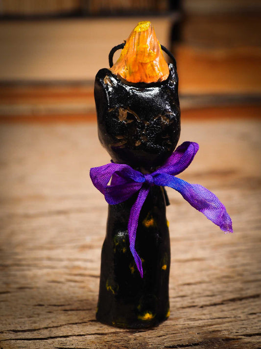 Original handmade ceramic black cat ornament by Idania Salcido Danita Art with silk bow is perfect Halloween decoration! Stands on its own or hangs from window.