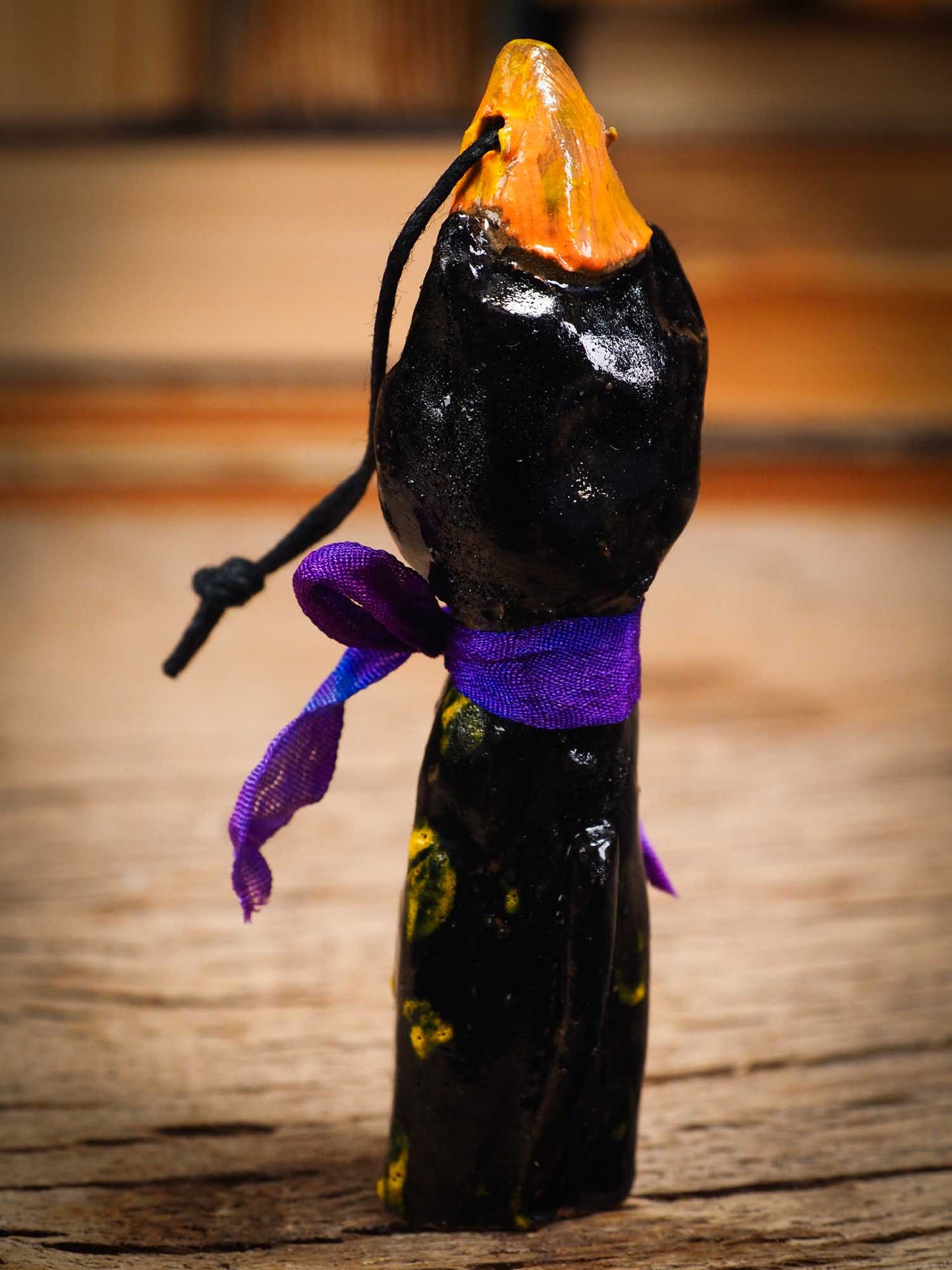 Original handmade ceramic black cat ornament by Idania Salcido Danita Art with silk bow is perfect Halloween decoration! Stands on its own or hangs from window.