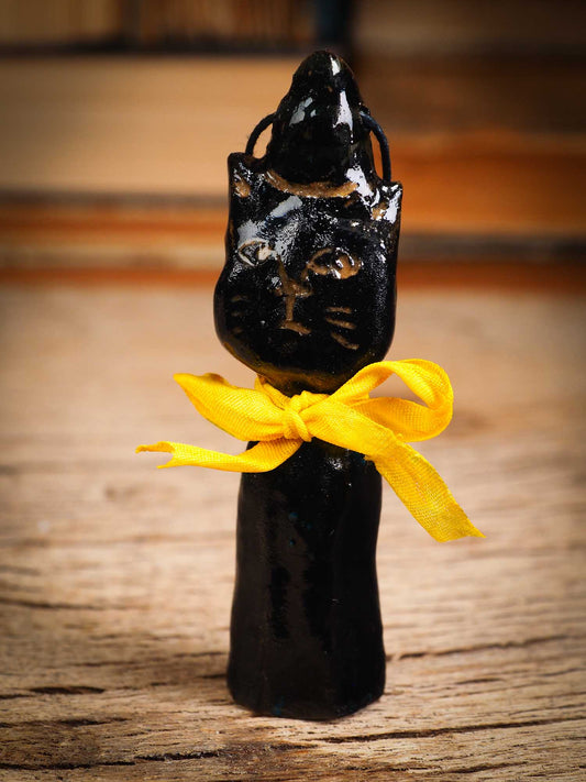 Original handmade ceramic black cat ornament by Idania Salcido Danita Art with silk bow is perfect Halloween decoration! Stands on its own or hangs from window.