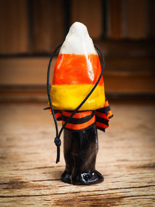 Original handmade ceramic candy corn ornament by Idania Salcido Danita Art with silk bow is perfect Halloween decoration! Stands on its own or hangs from window