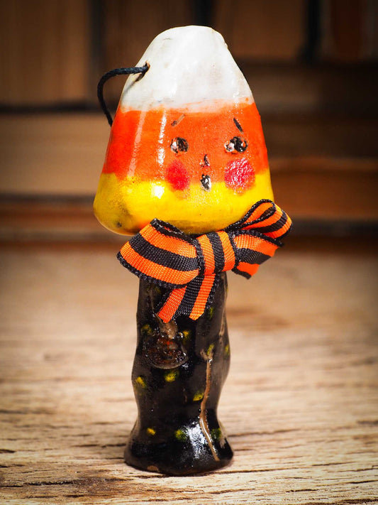 Original handmade ceramic candy corn ornament by Idania Salcido Danita Art with silk bow is perfect Halloween decoration! Stands on its own or hangs from window