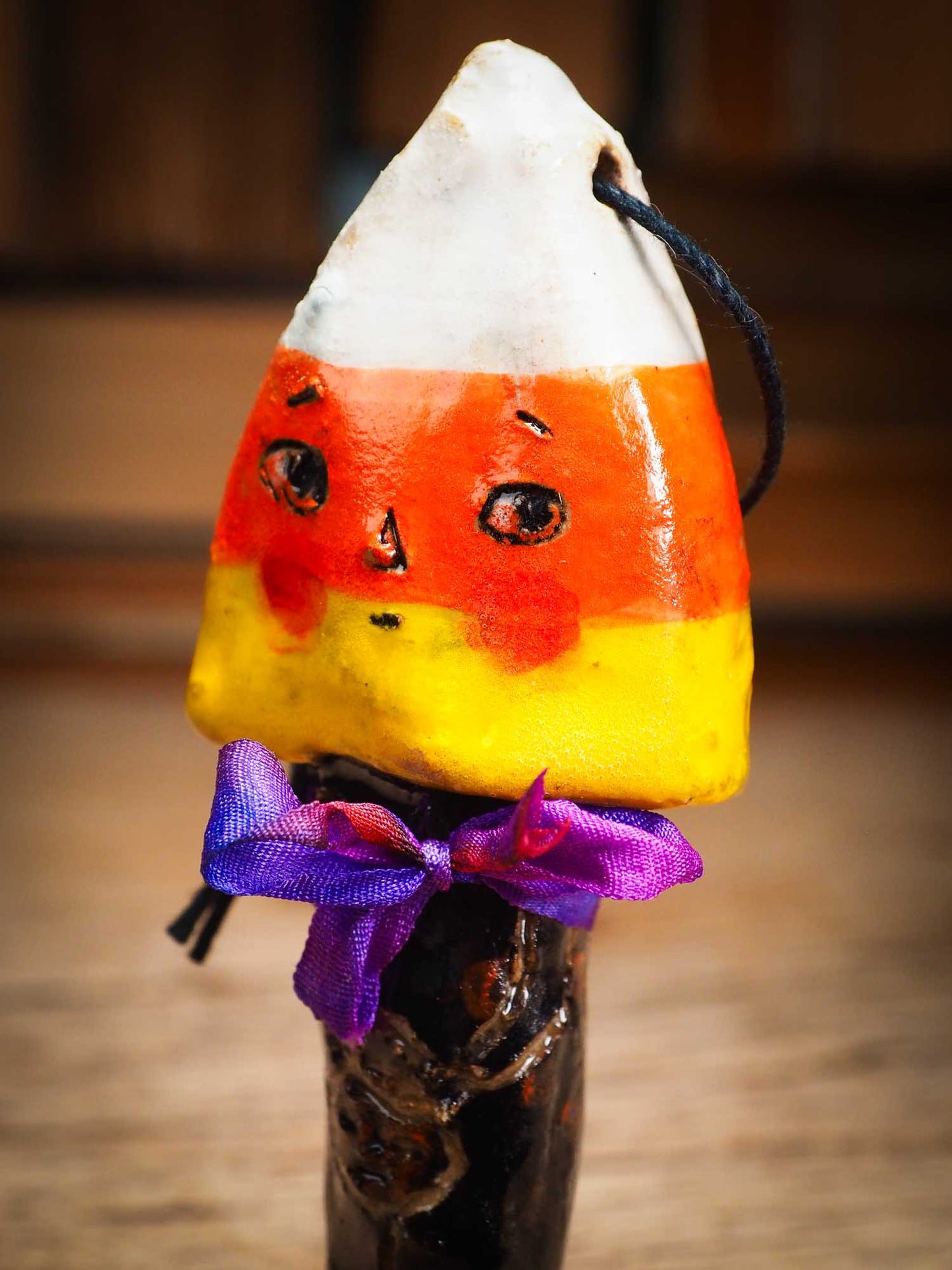 Original handmade ceramic candy corn ornament by Idania Salcido Danita Art with silk bow is perfect Halloween decoration! Stands on its own or hangs from window