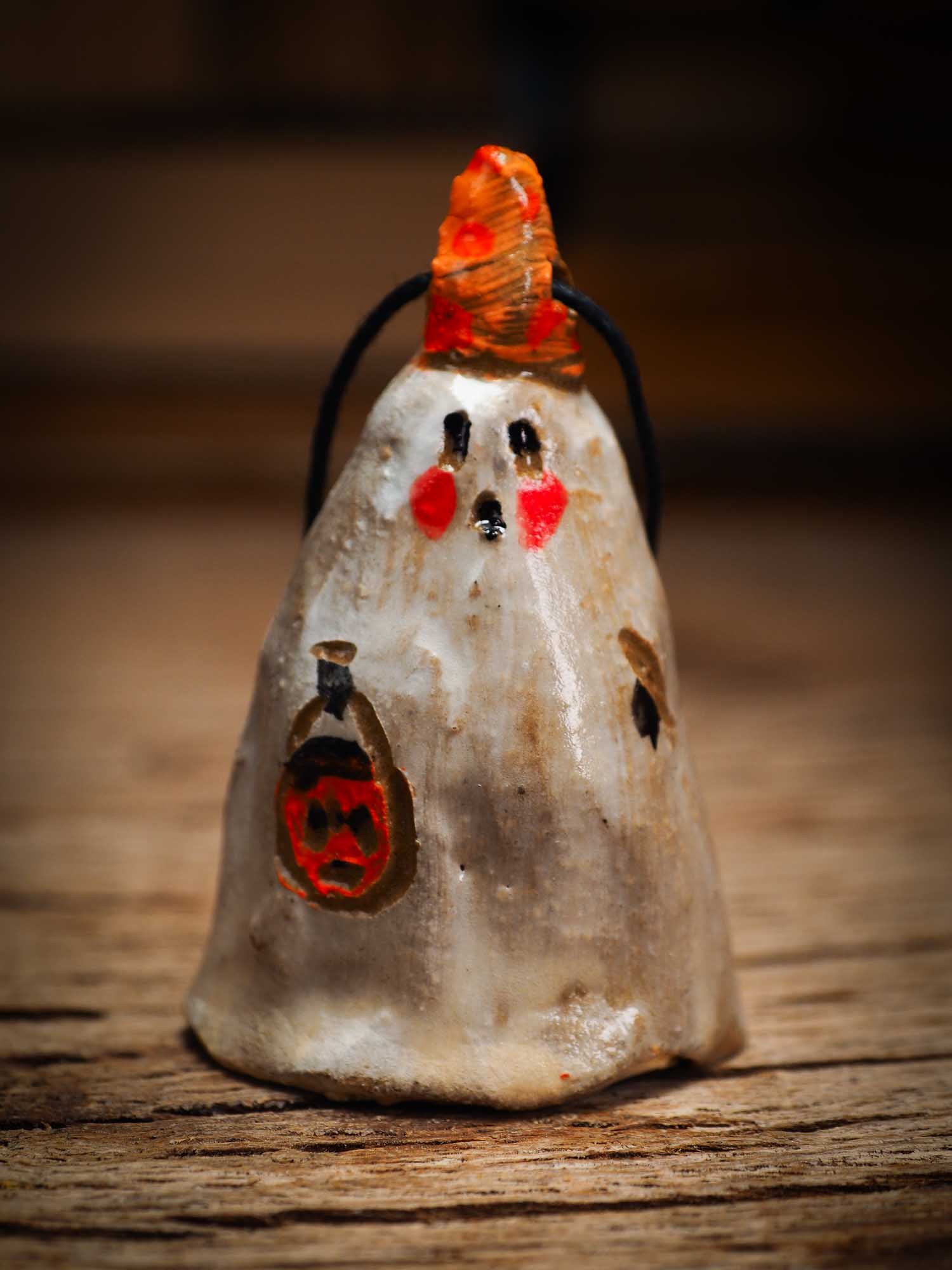 Original handmade ceramic sheet ghost ornament by Idania Salcido Danita Art with thread is perfect Halloween decoration! Stands on its own or hangs from window