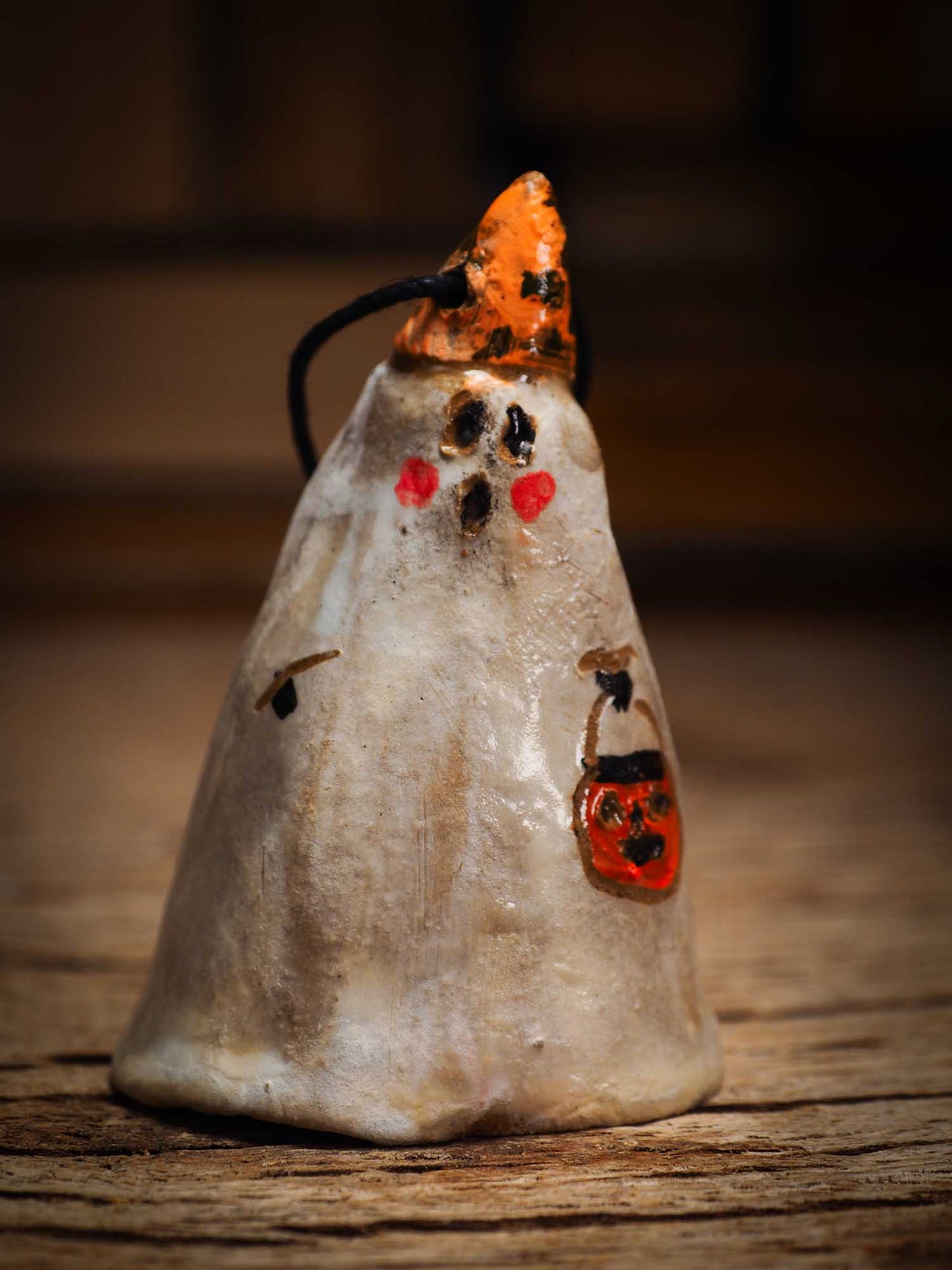 Original handmade ceramic sheet ghost ornament by Idania Salcido Danita Art with thread is perfect Halloween decoration! Stands on its own or hangs from window