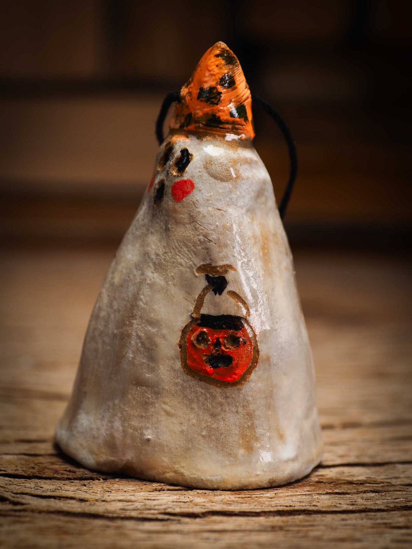 Original handmade ceramic sheet ghost ornament by Idania Salcido Danita Art with thread is perfect Halloween decoration! Stands on its own or hangs from window