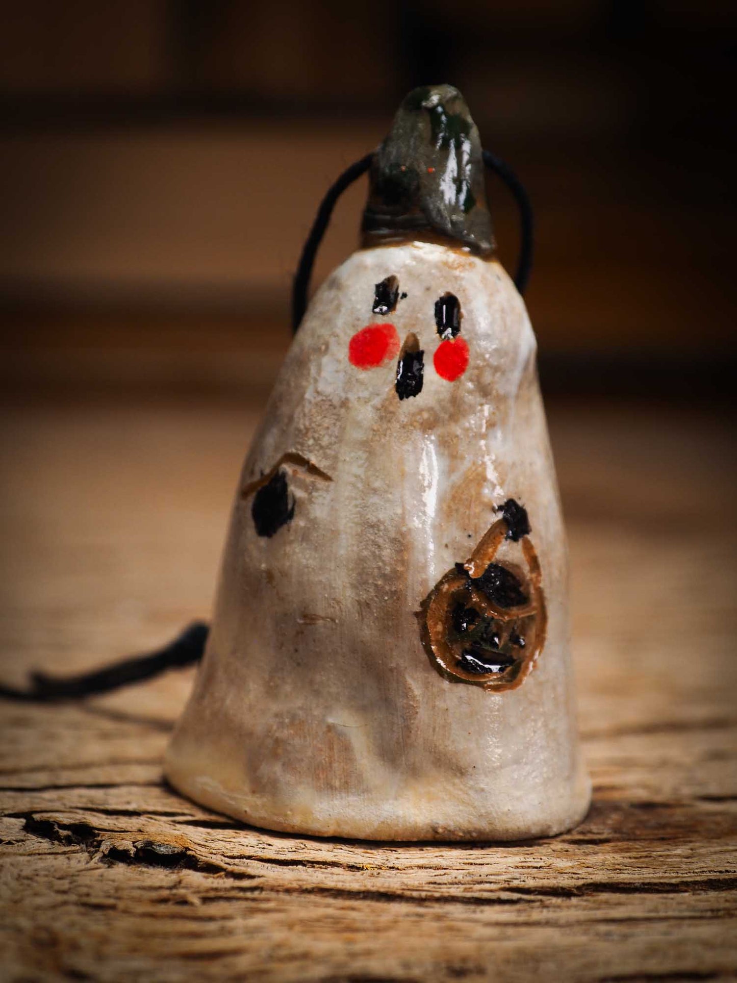 Original handmade ceramic sheet ghost ornament by Idania Salcido Danita Art with thread is perfect Halloween decoration! Stands on its own or hangs from window