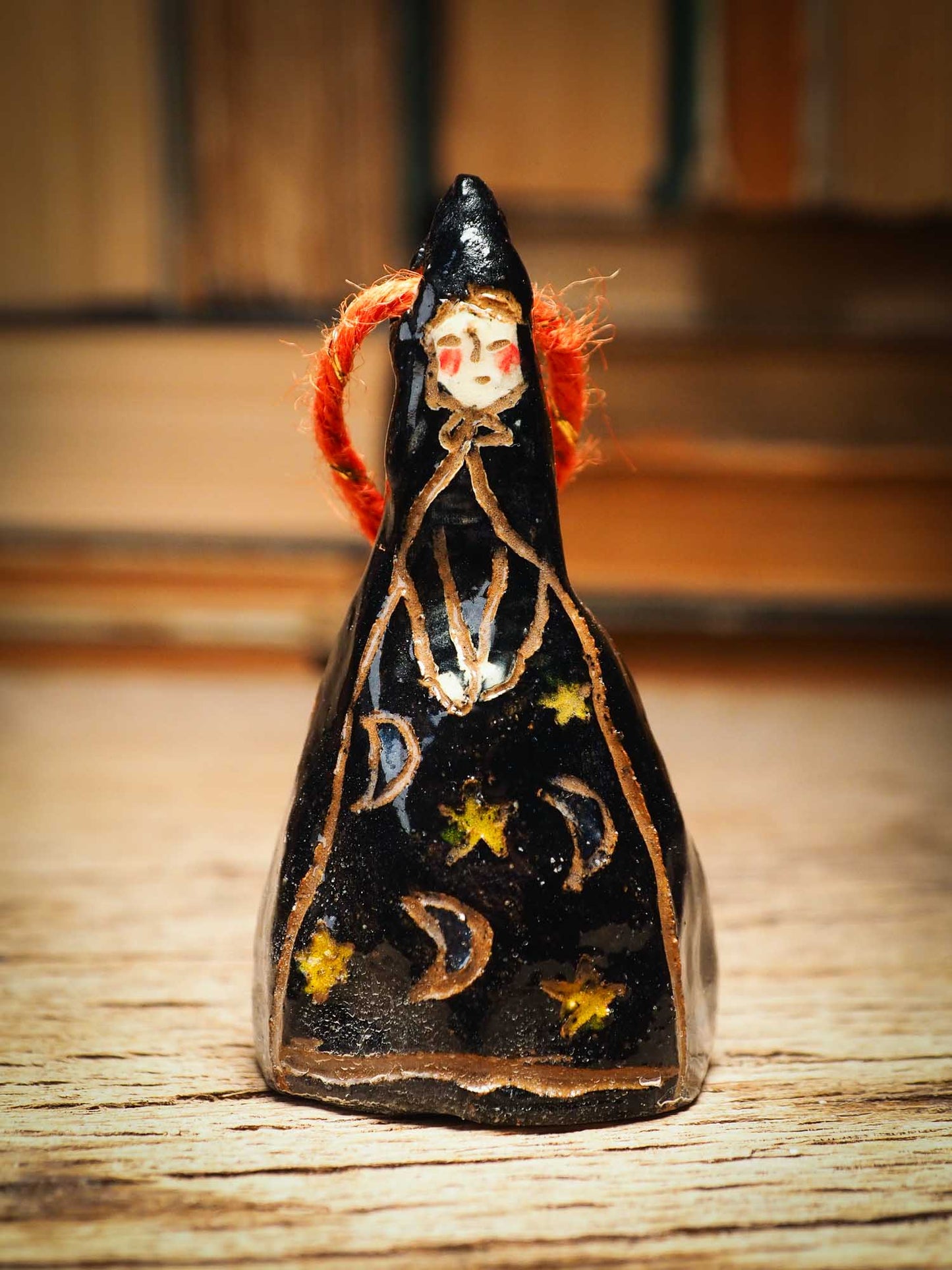 Original handmade ceramic black witch ornament by Idania Salcido Danita Art with thread is perfect Halloween decoration! Stands on its own or hangs from window