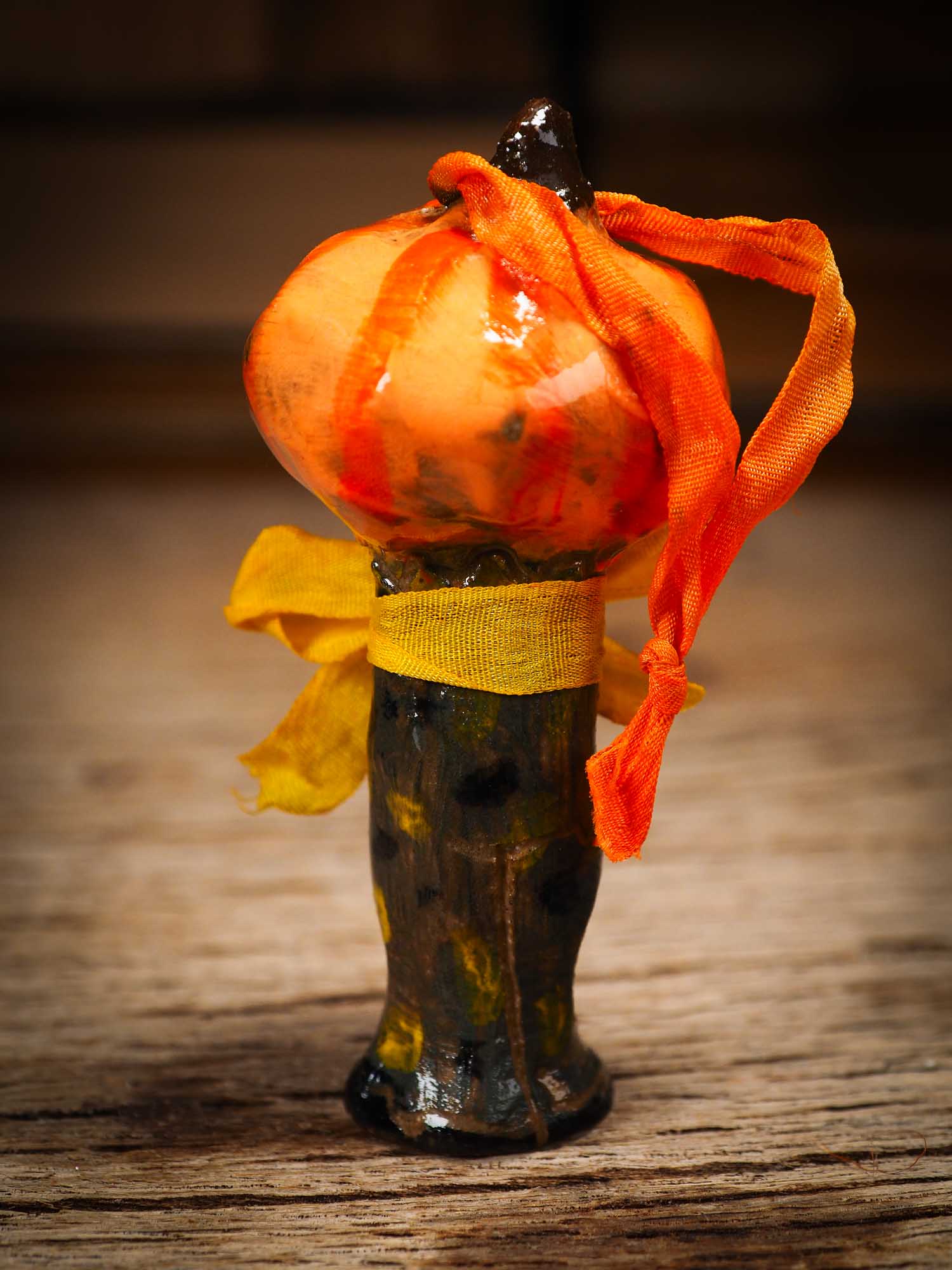 Original handmade ceramic jack-o-lantern pumpkin ornament by Idania Salcido Danita Art is a perfect Halloween decoration! Stands on its own or hangs from window
