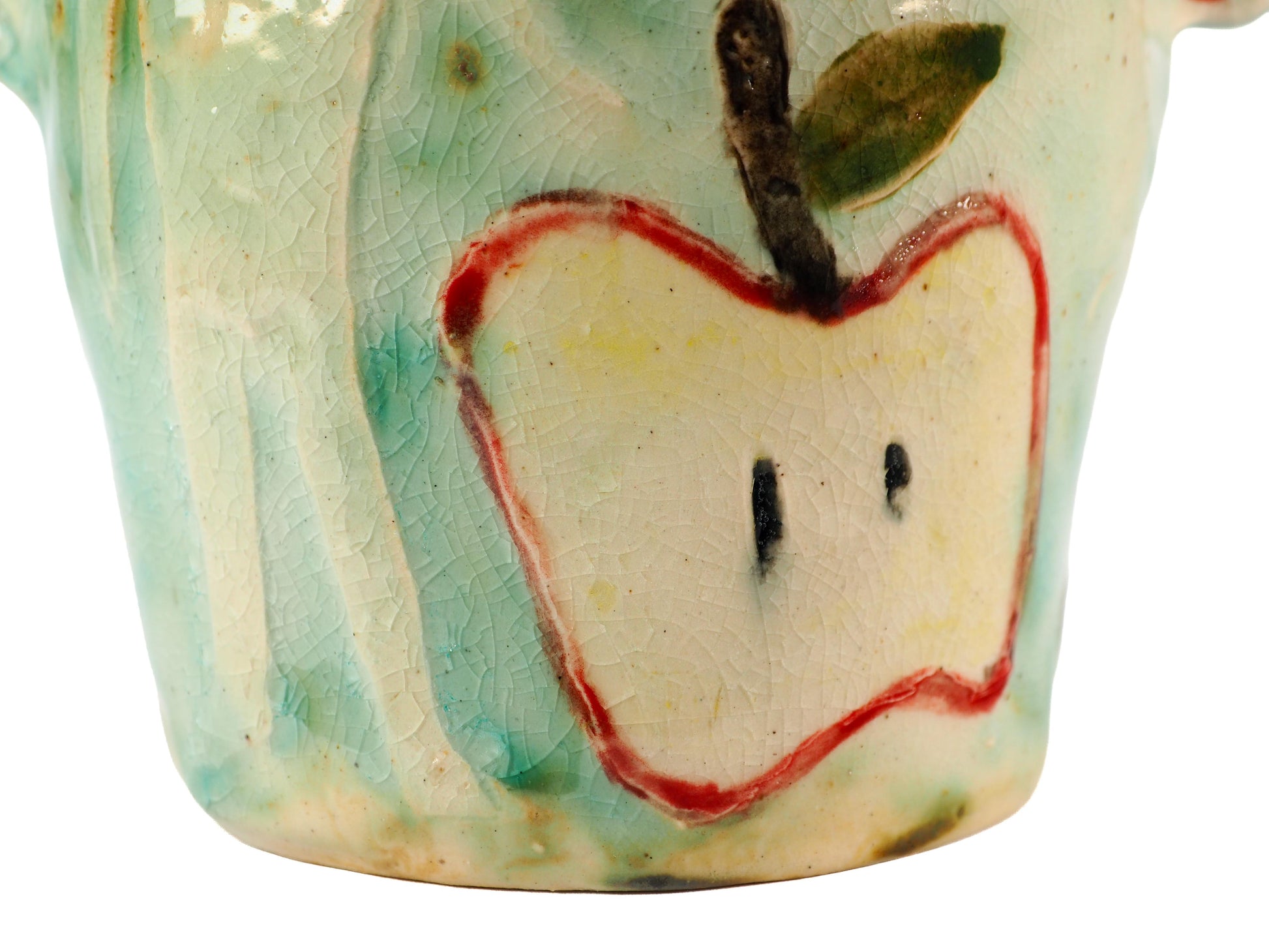 We Could Say No feminist ceramic art vase by Idania Salcido Danita Art featuring carved relief Adam & Eve reaching toward a sliced apple while the serpents lurks nearby.