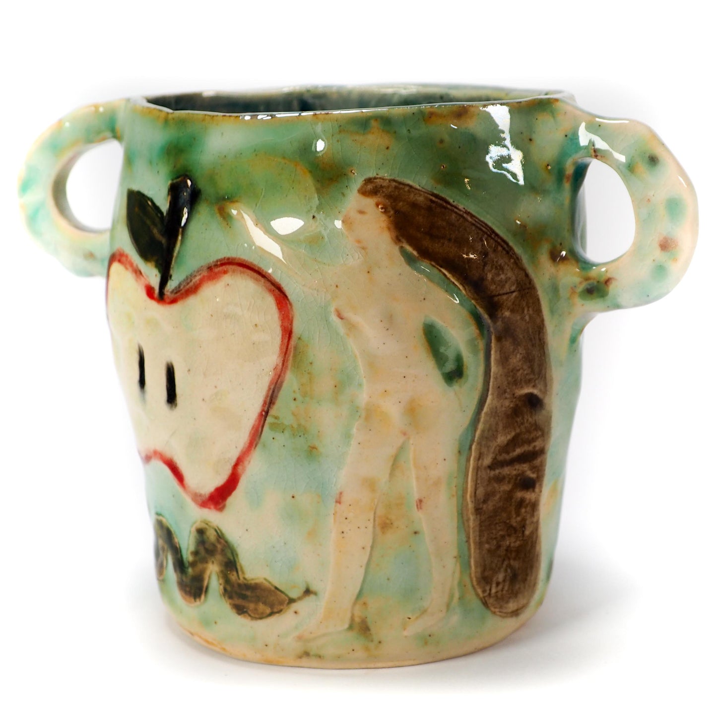 We Could Say No feminist ceramic art vase by Idania Salcido Danita Art featuring carved relief Adam & Eve reaching toward a sliced apple while the serpents lurks nearby.