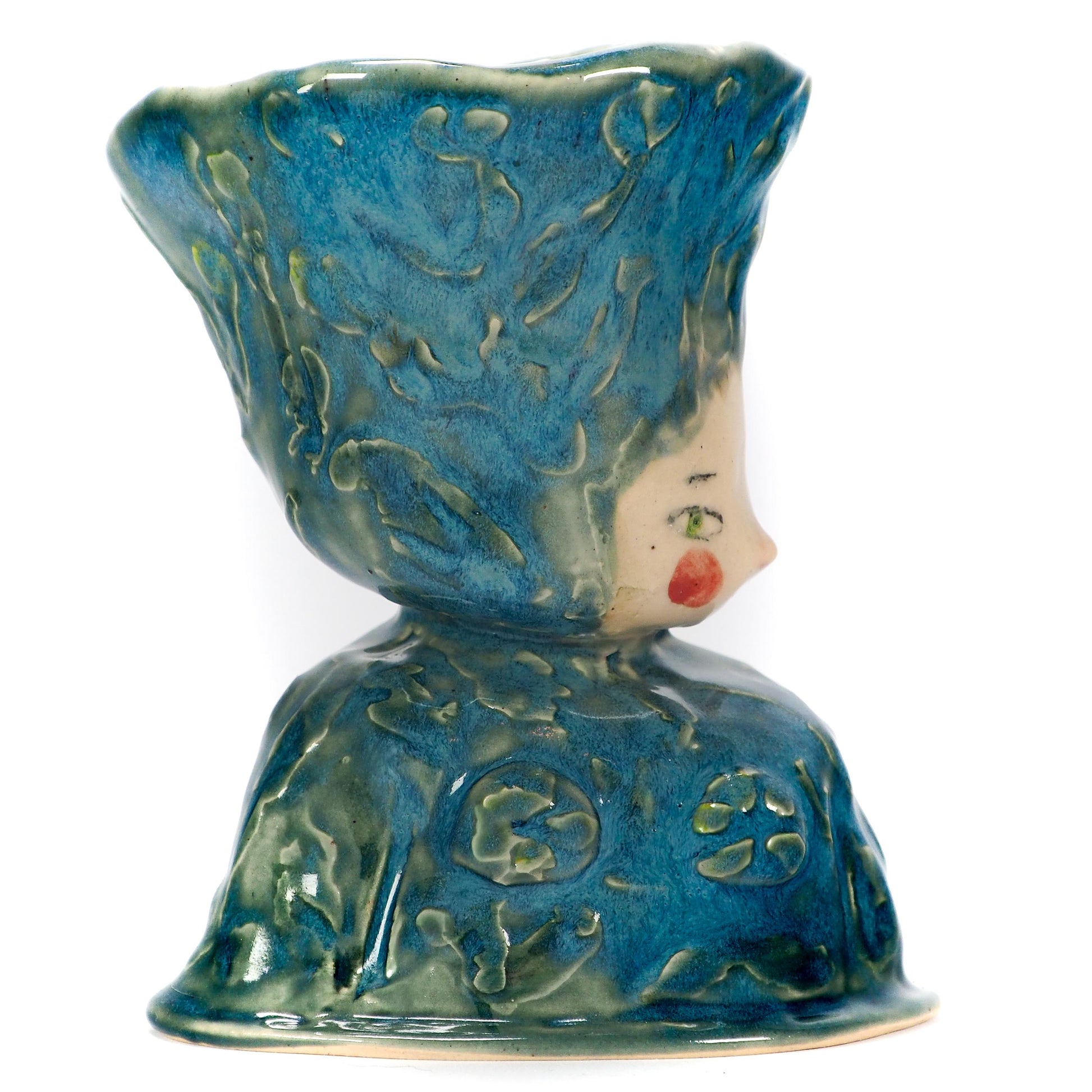 Original hand-carved ceramic art vessel by Idania Salcido (Danita Art). Fired with rich cerulean and mossy glazes, celebrates knowledge, dedication and mastery.
