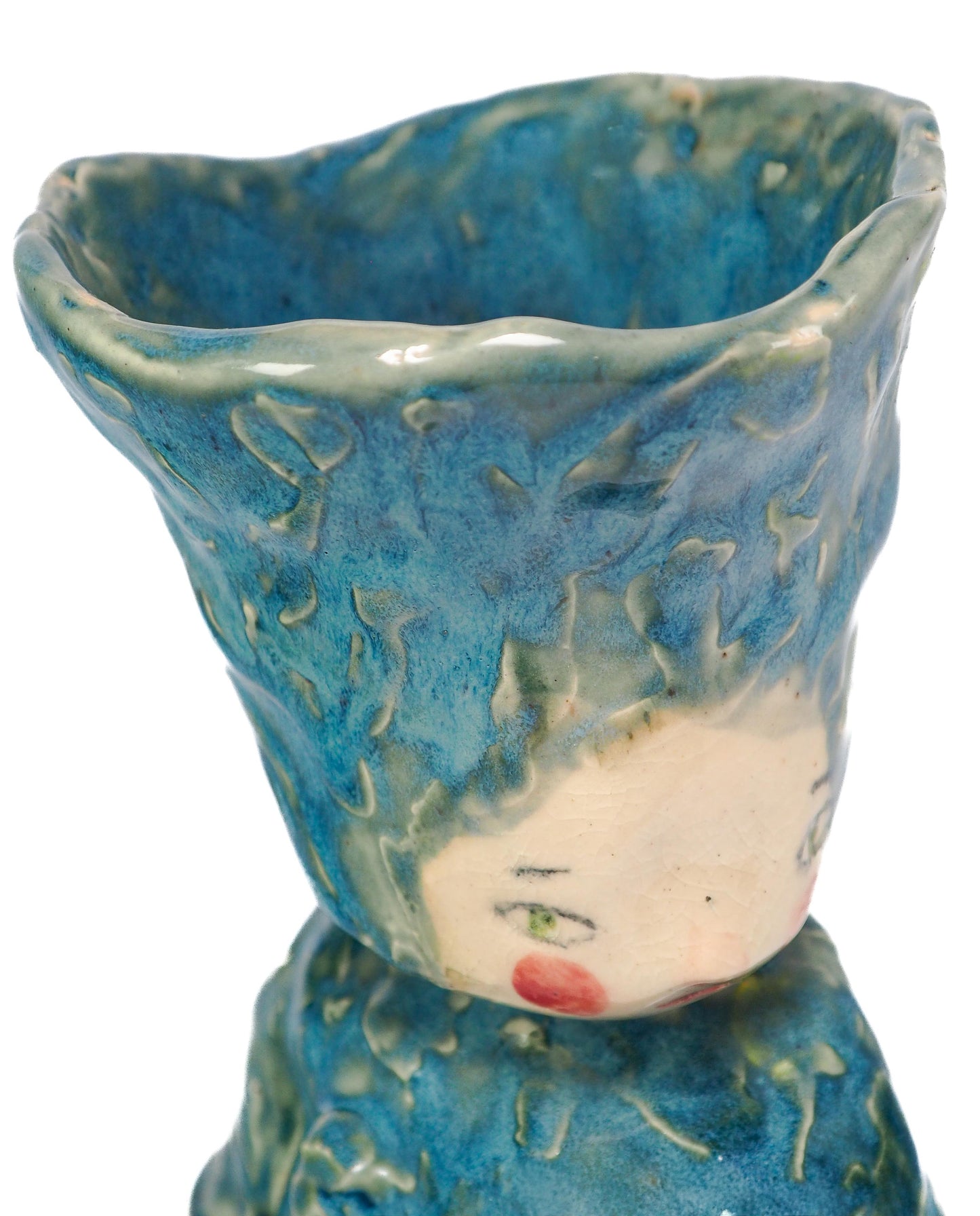 Original hand-carved ceramic art vessel by Idania Salcido (Danita Art). Fired with rich cerulean and mossy glazes, celebrates knowledge, dedication and mastery.