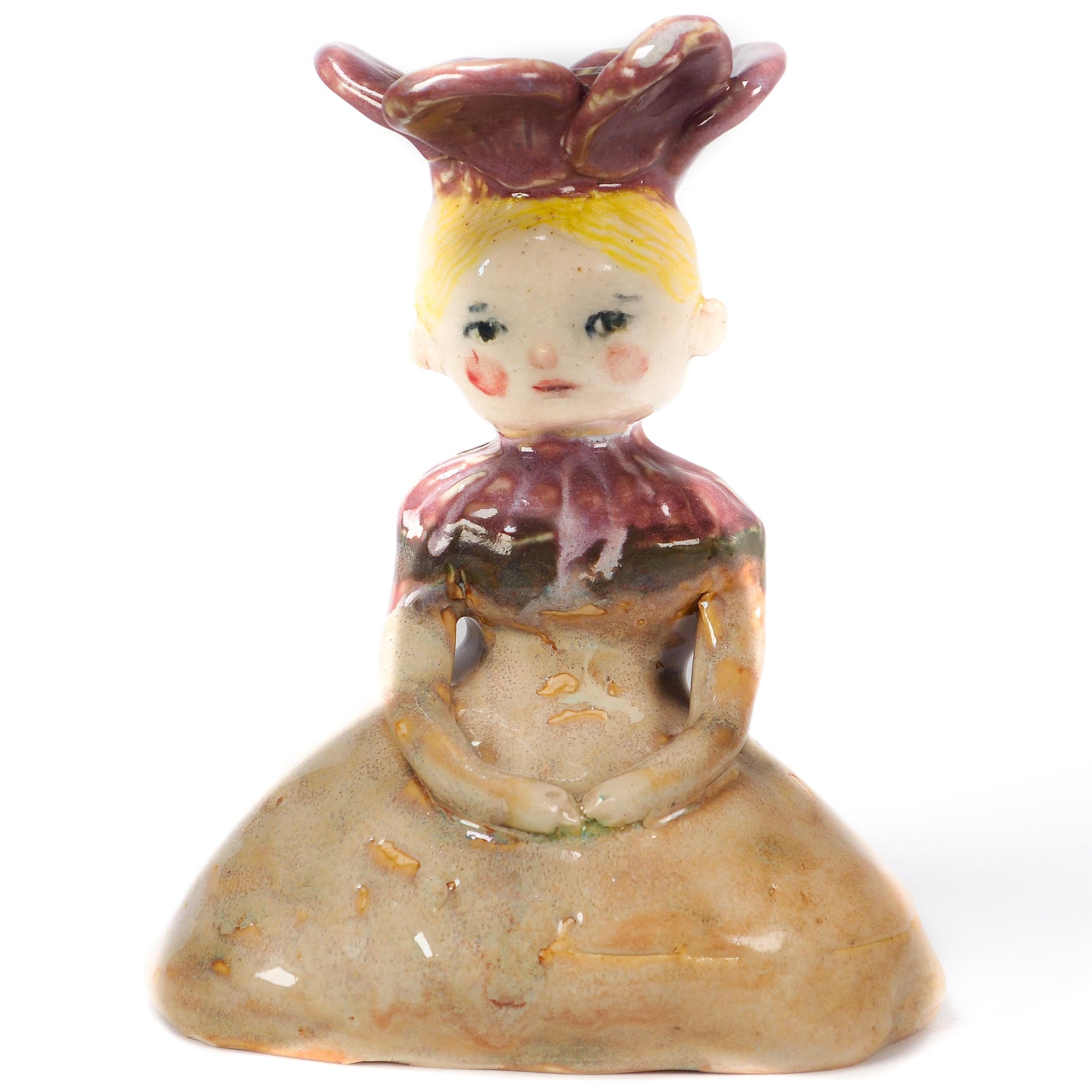 Original hand sculpted ceramic art vessel by Idania Salcido (Danita Art). With warm honey golden glazes. A gentle flower crowned girl seated in quiet reflection.