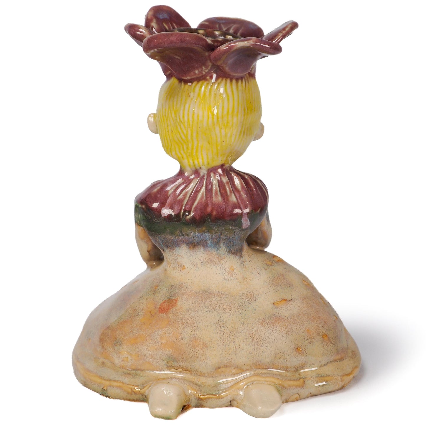 Original hand sculpted ceramic art vessel by Idania Salcido (Danita Art). With warm honey golden glazes. A gentle flower crowned girl seated in quiet reflection.