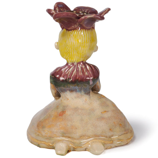 Original hand sculpted ceramic art vessel by Idania Salcido (Danita Art). With warm honey golden glazes. A gentle flower crowned girl seated in quiet reflection.