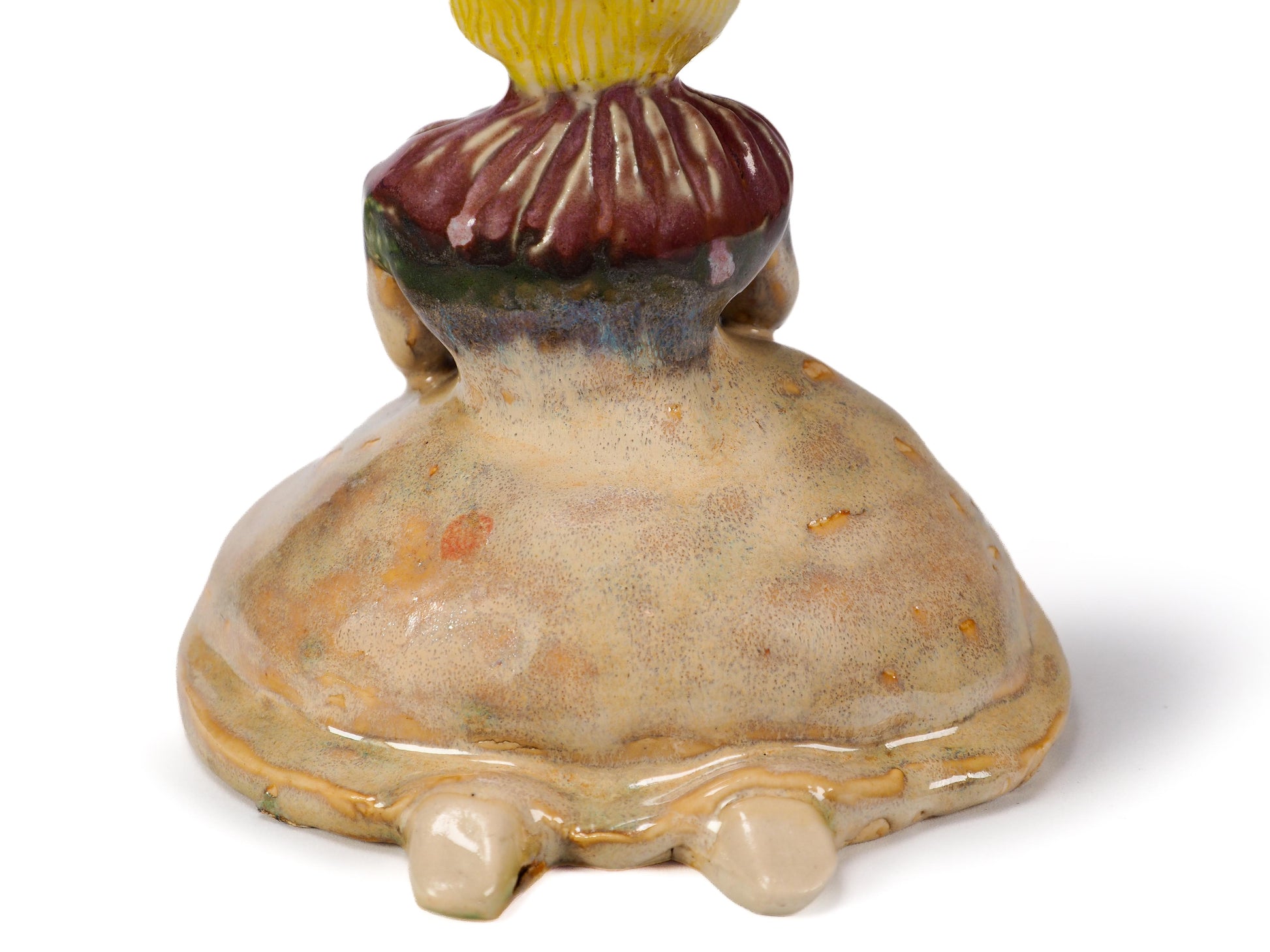 Original hand sculpted ceramic art vessel by Idania Salcido (Danita Art). With warm honey golden glazes. A gentle flower crowned girl seated in quiet reflection.