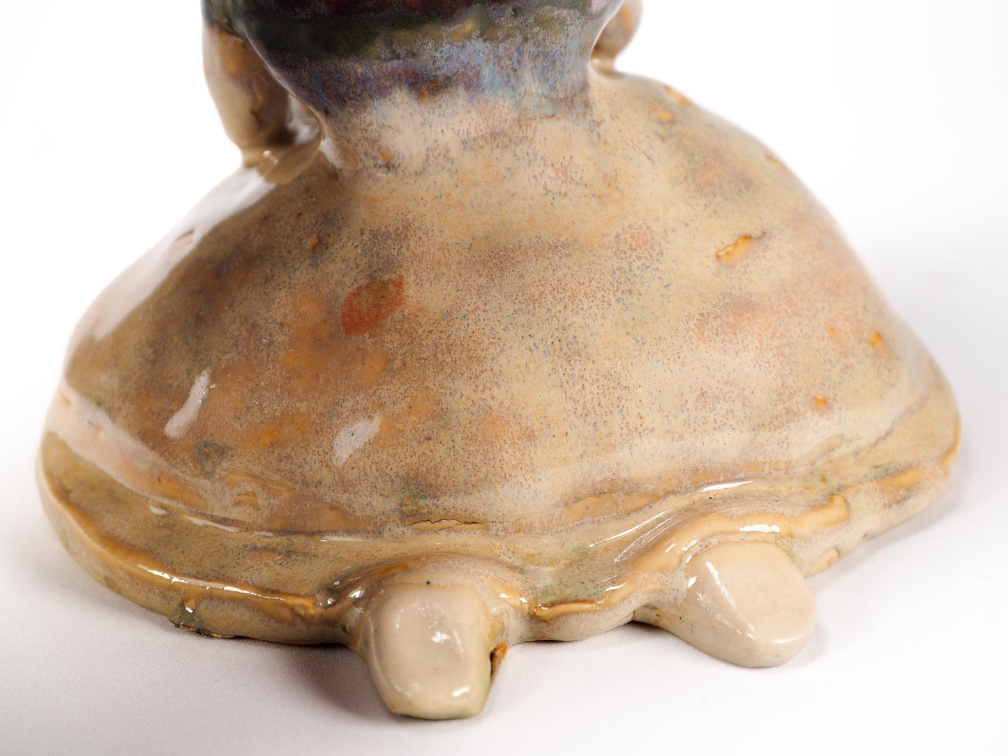 Original hand sculpted ceramic art vessel by Idania Salcido (Danita Art). With warm honey golden glazes. A gentle flower crowned girl seated in quiet reflection.