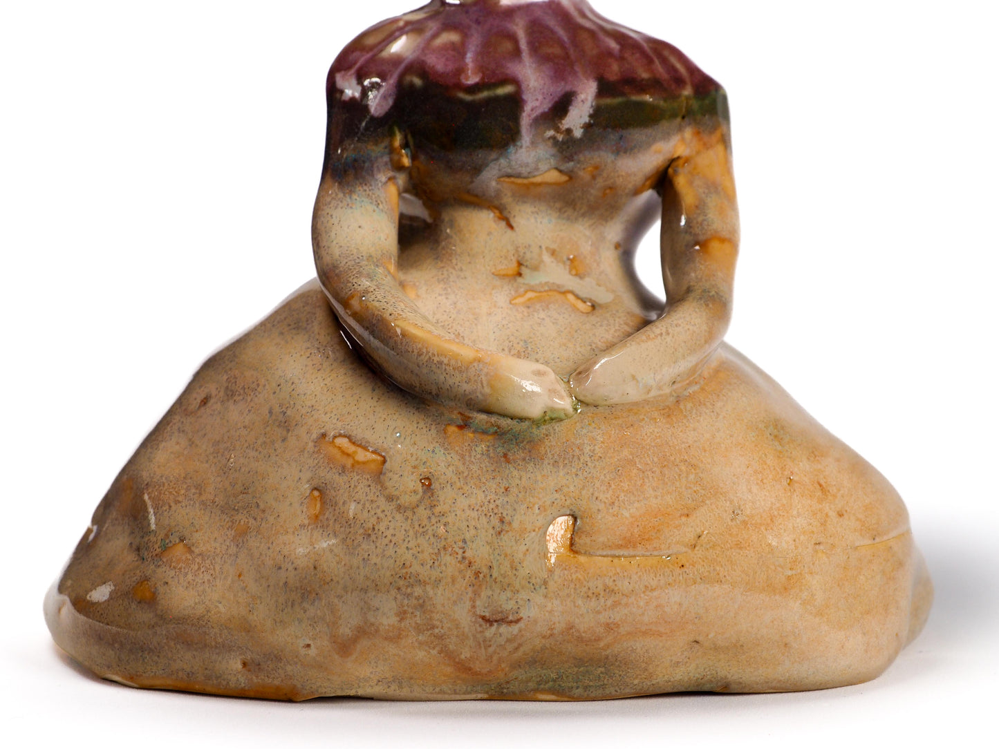 Original hand sculpted ceramic art vessel by Idania Salcido (Danita Art). With warm honey golden glazes. A gentle flower crowned girl seated in quiet reflection.