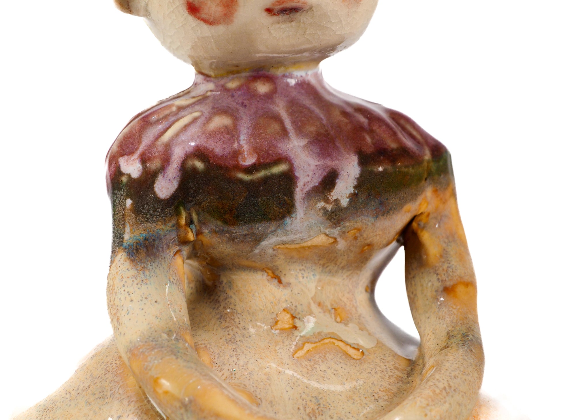Original hand sculpted ceramic art vessel by Idania Salcido (Danita Art). With warm honey golden glazes. A gentle flower crowned girl seated in quiet reflection.