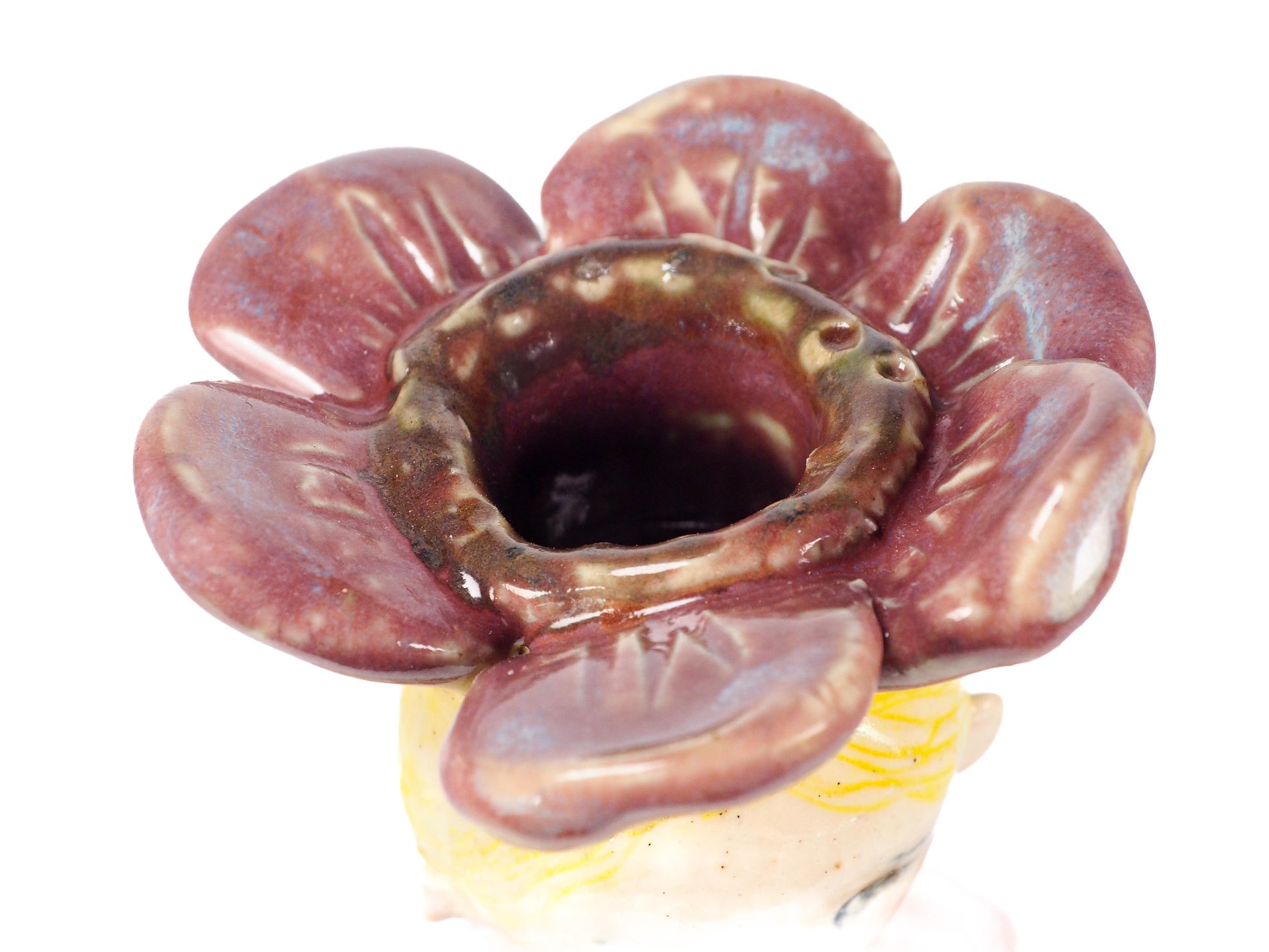 Original hand sculpted ceramic art vessel by Idania Salcido (Danita Art). With warm honey golden glazes. A gentle flower crowned girl seated in quiet reflection.