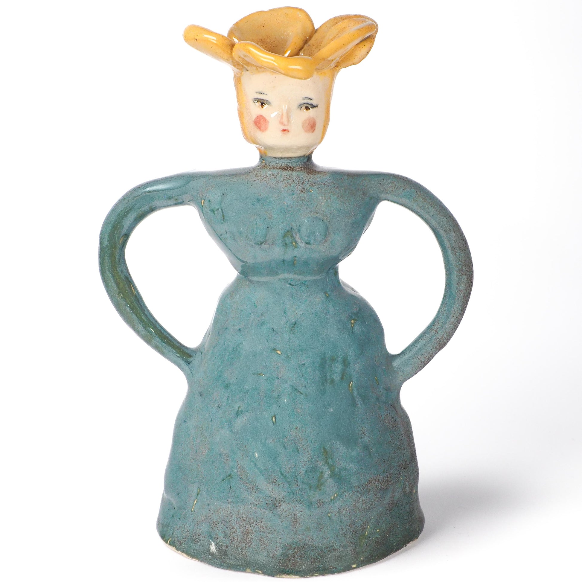 Original hand sculpted ceramic art vessel by Idania Salcido Danita Art. Teal, marigold yellow, and earthy glazes, celebrating confidence, bold personal presence.