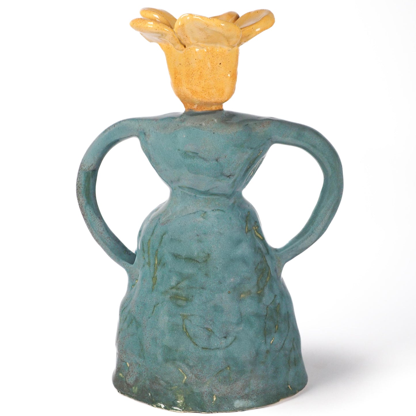 Original hand sculpted ceramic art vessel by Idania Salcido Danita Art. Teal, marigold yellow, and earthy glazes, celebrating confidence, bold personal presence.