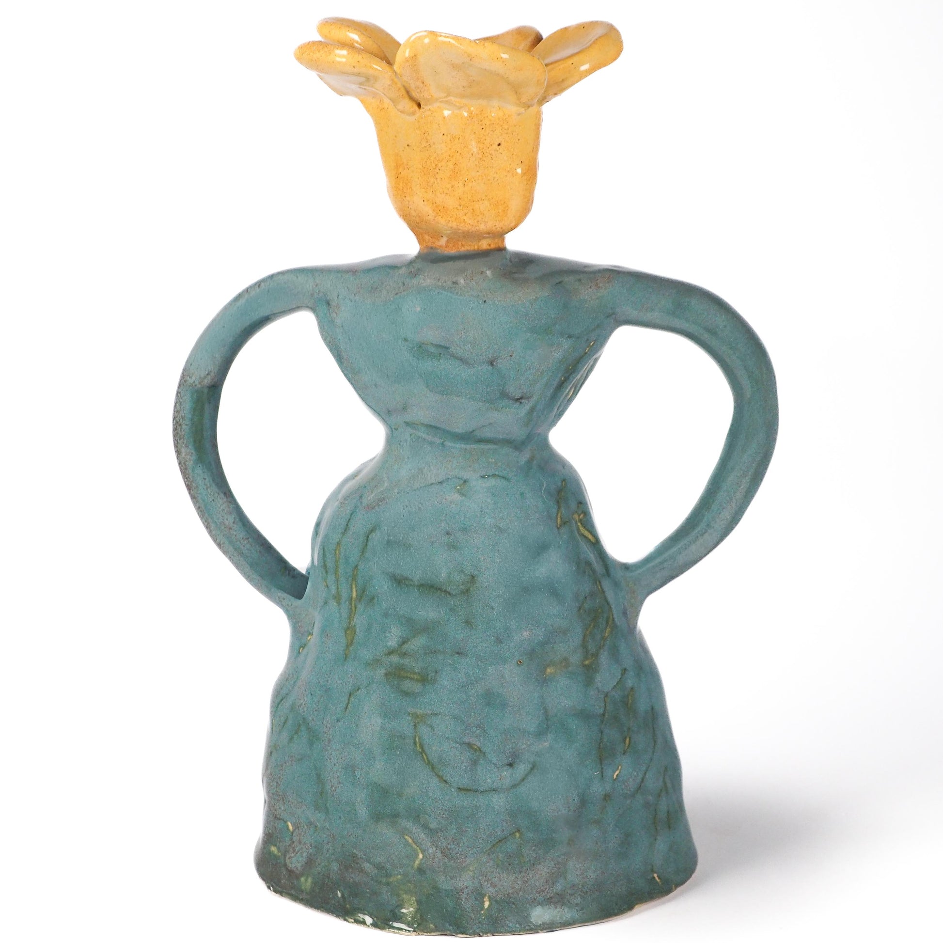 Original hand sculpted ceramic art vessel by Idania Salcido Danita Art. Teal, marigold yellow, and earthy glazes, celebrating confidence, bold personal presence.